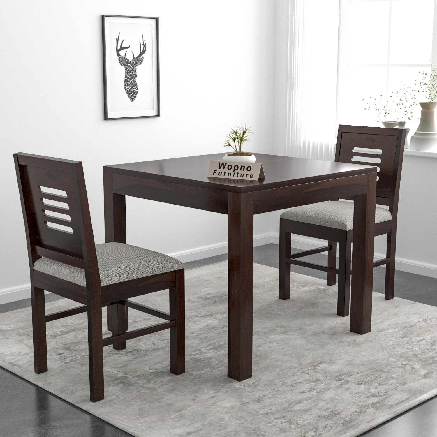 Image of Wopno Furniture Sheesham Wooden 2 Seater Dining Table Set with Cushioned Chairs for Dining Room Solid Wood 2 Seater Dining Set