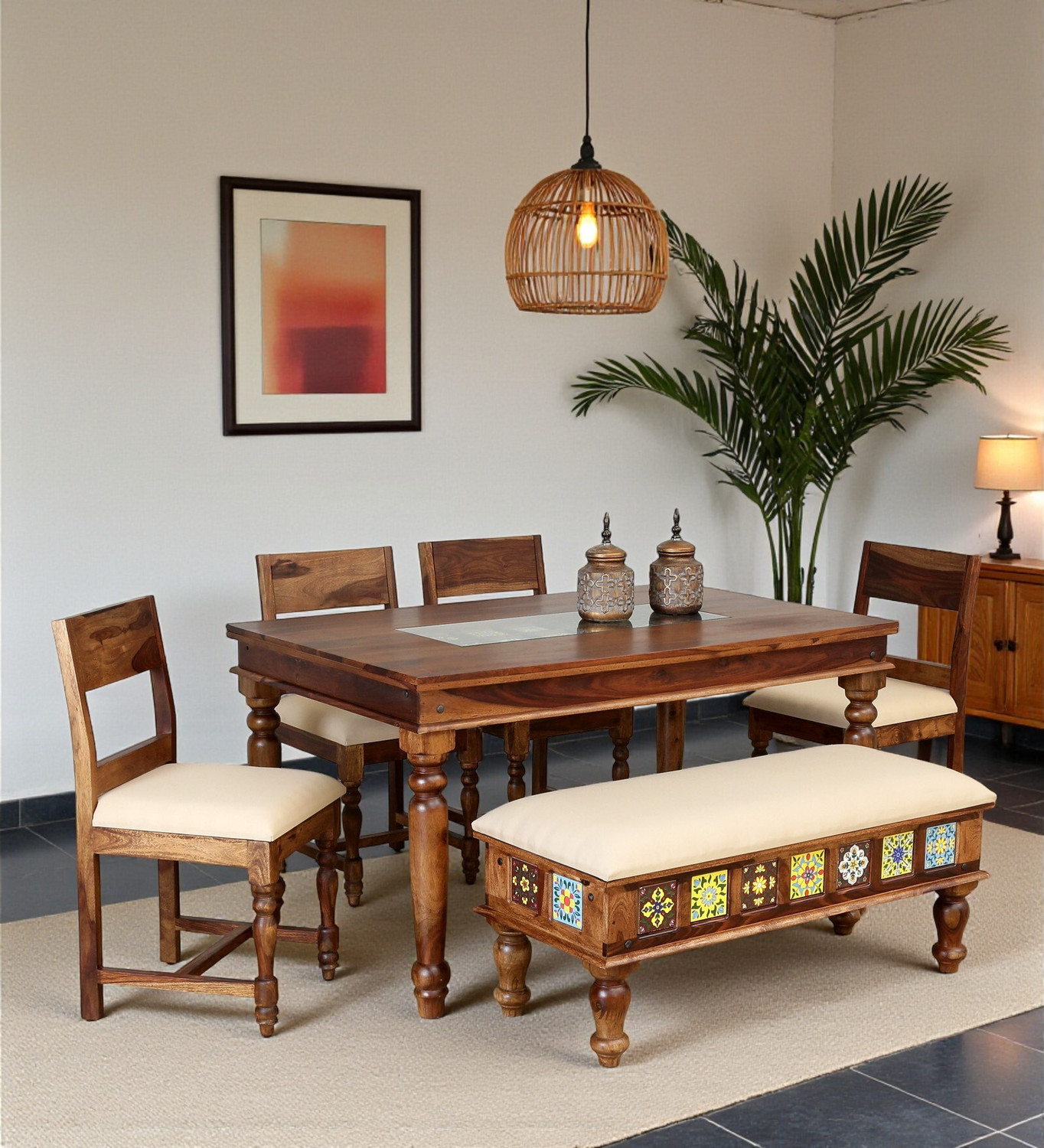 Image of Shekhawati Home Anamika Sheesham Wood Dining Table For Home | Solid Wood 6 Seater Dining Set