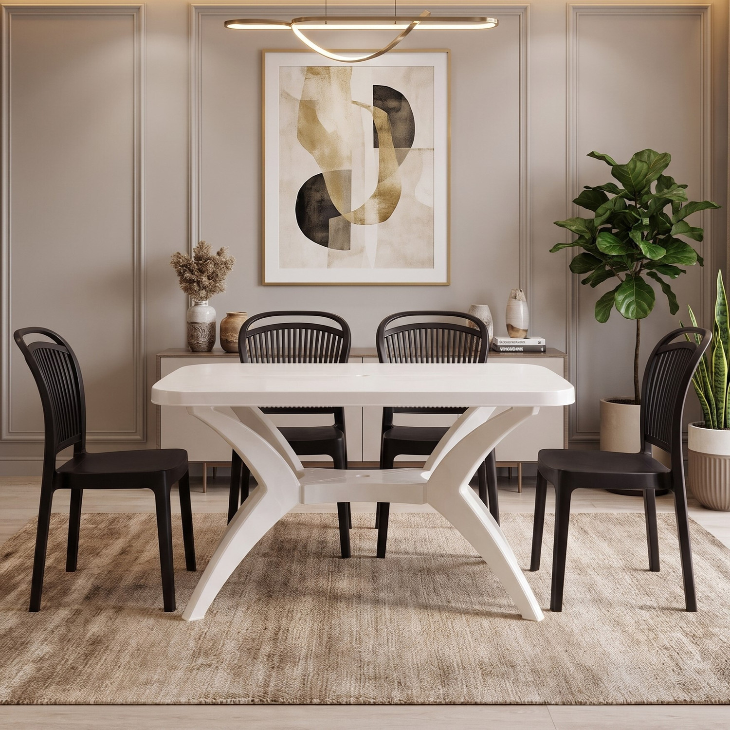 Image of TrendyLivings Strong and Durable 4 Seater Dining Table Set for Home Garden Cafeteria Plastic 4 Seater Dining Set