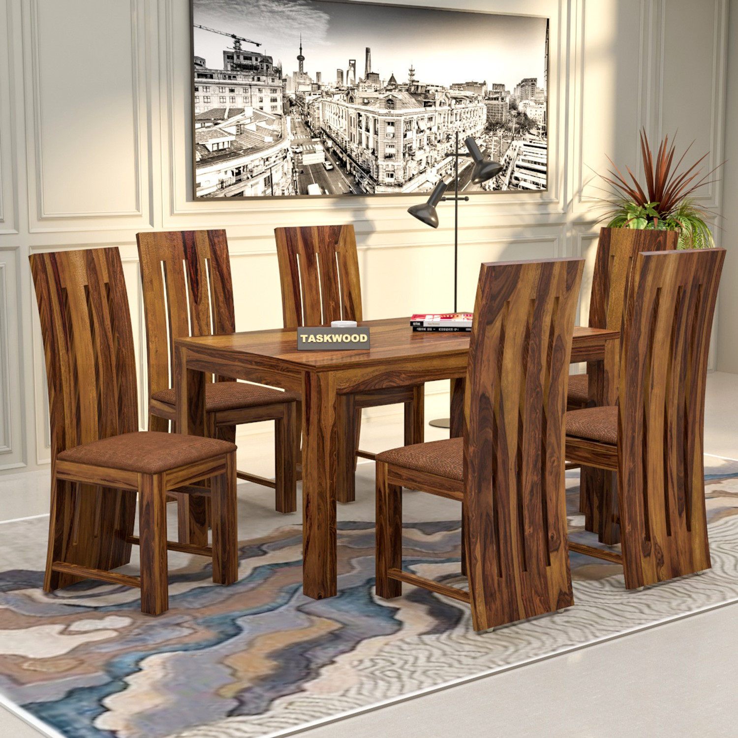 Image of Taskwood Furniture Solid Sheesham Wood Six Seater Dining Set For Dining Room, Restaurant Solid Wood 6 Seater Dining Set