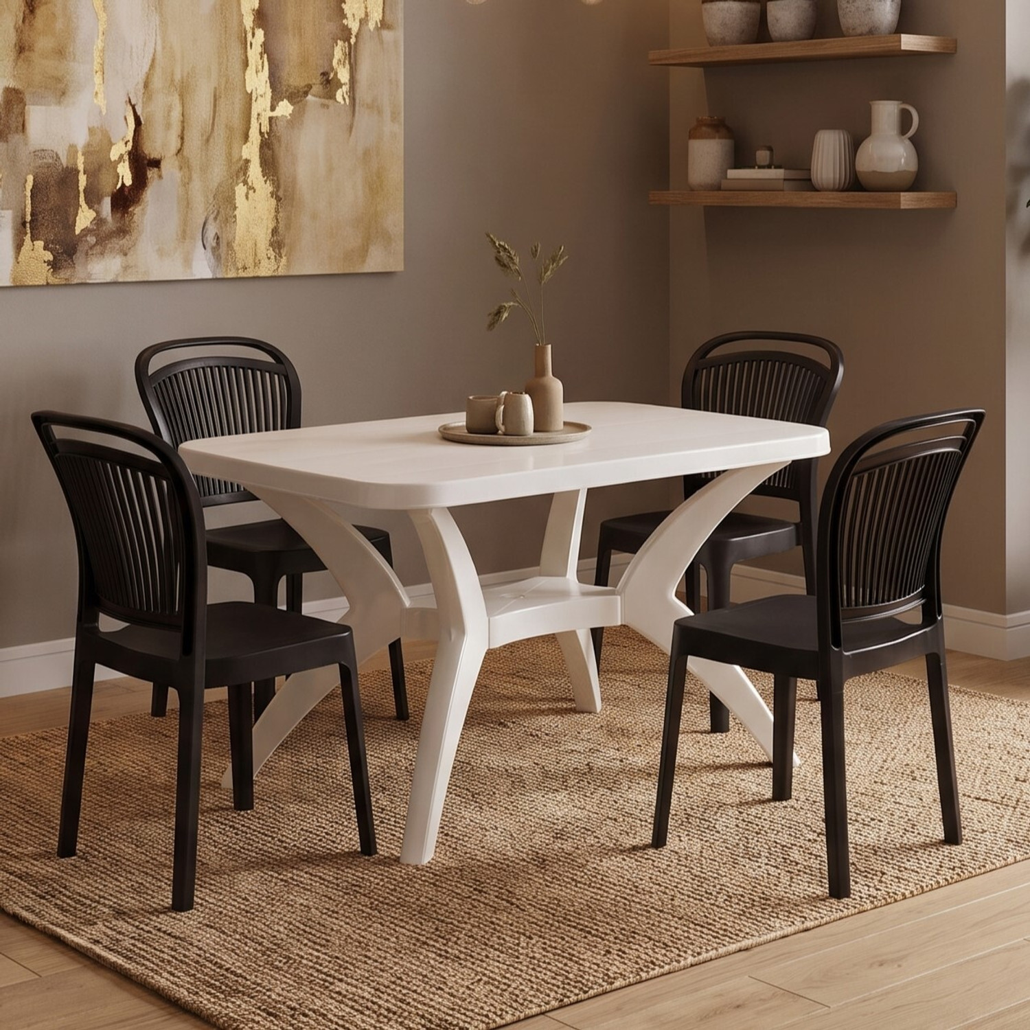 Image of TrendyLivings Strong and Durable 4 Seater Dining Table Set for Home Garden Cafeteria Plastic 4 Seater Dining Set
