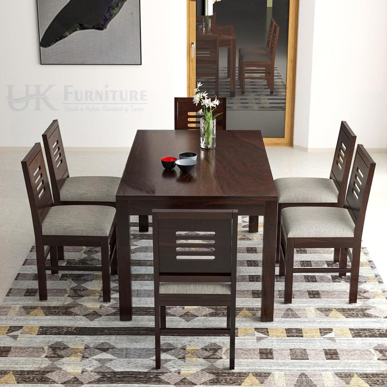 Image of UK FURNITURE Rosewood (Sheesham) Dining Room Set Solid Wood 6 Seater Dining Set (Finish Color -Dark Walnut6s, DIY(Do-It-Yourself))