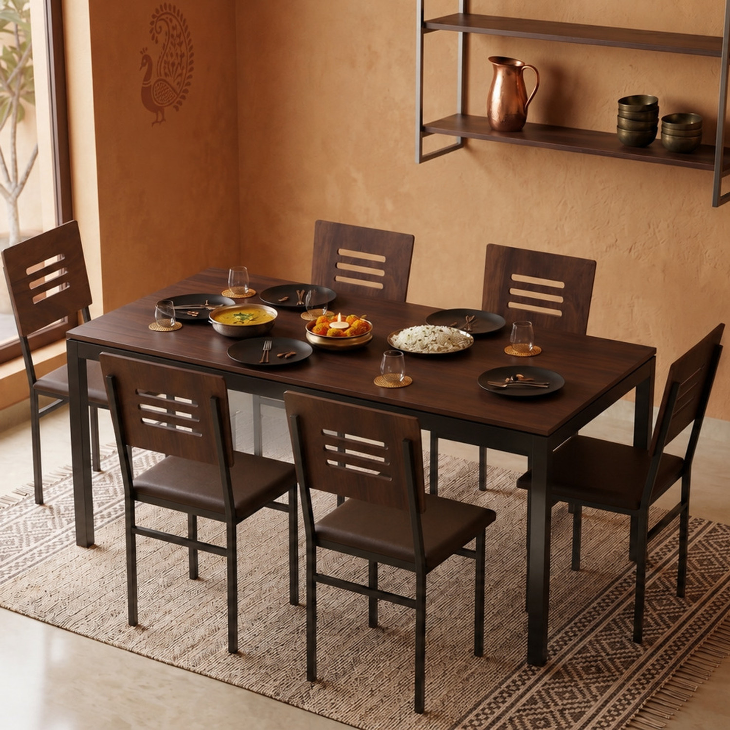 Image of Bluewud 6 Seater Rectangular Dining Set with Cushioned Chair, Dining Table Set Metal 6 Seater Dining Set (Finish Color -Brown Maple & Black, DIY(Do-It-Yourself))