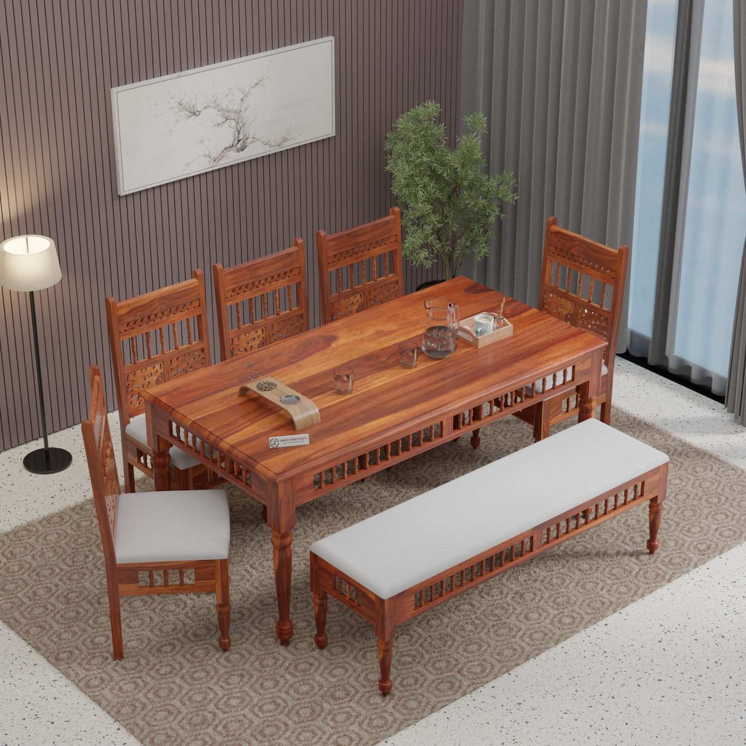 Image of jangid Handicraft Premium Sheesham Wood 8 Seater Dining Table Set with 8 Chairs for Home Solid Wood 8 Seater Dining Set