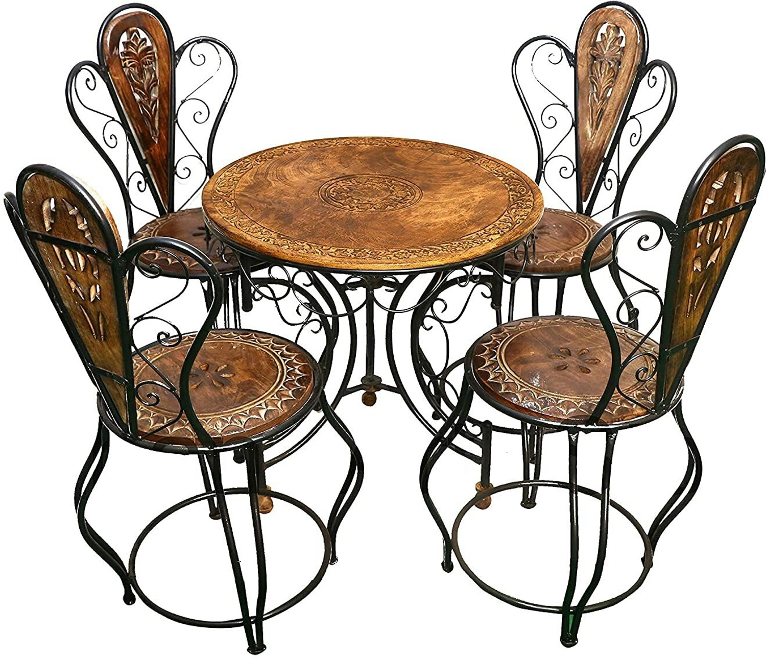Image of Smarts collection Royal look Wood & Wrought Iron Patio Furniture Set Solid Wood 4 Seater Dining Set