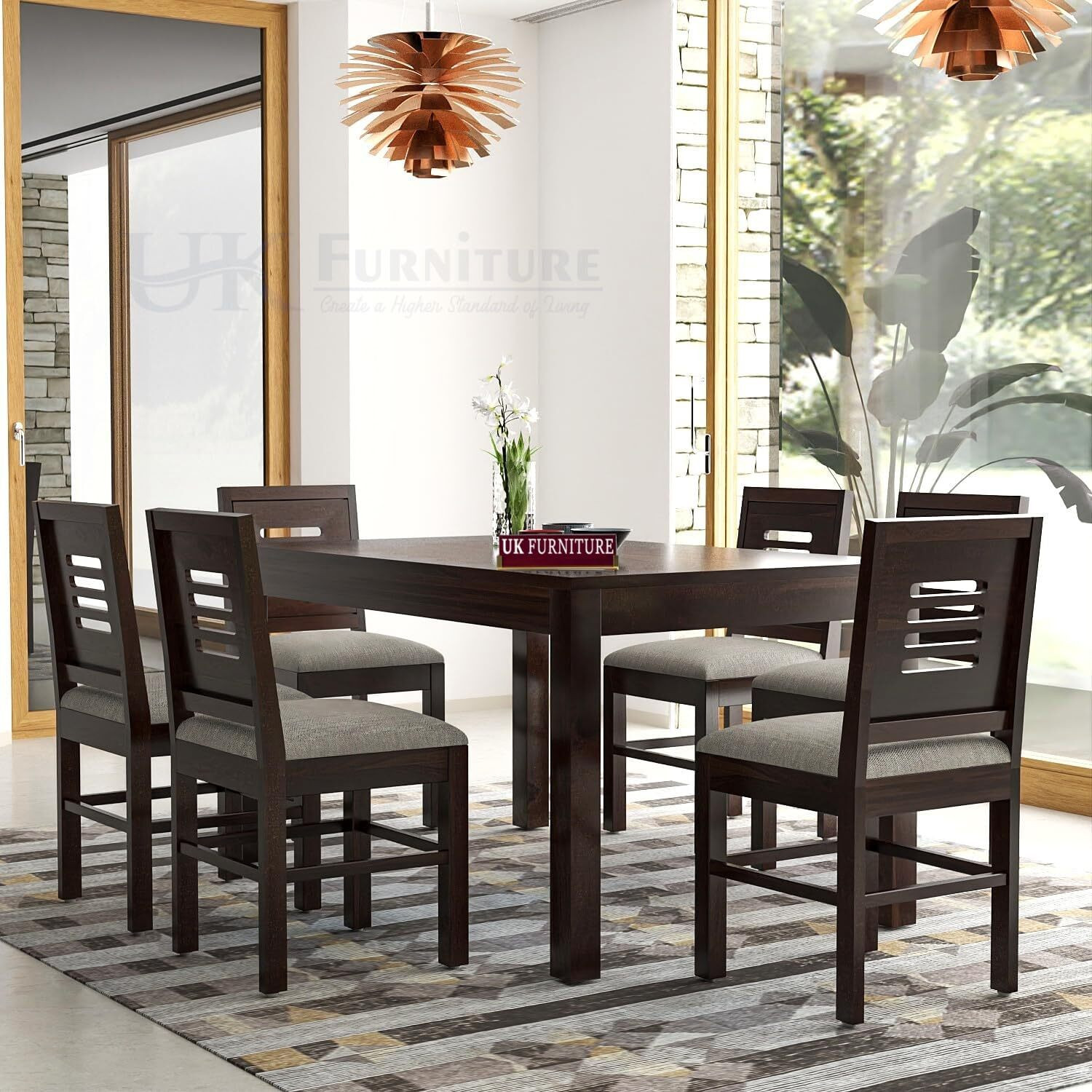 Image of UK FURNITURE Rosewood (Sheesham) Dining Room Set Solid Wood 6 Seater Dining Set (Finish Color -Dark Walnut6s, DIY(Do-It-Yourself))
