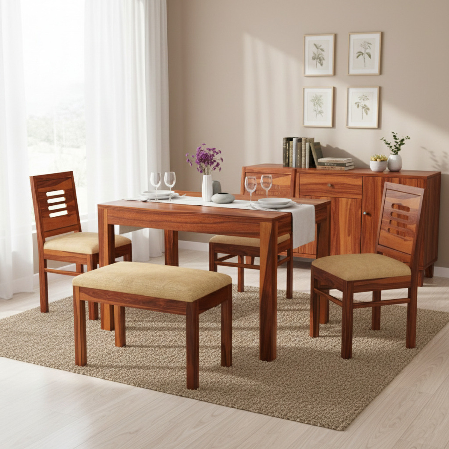 Image of DITHA Solid Wood Dining Set| Wooden Table Chair Set|4 Seater Dining| Dining Table Set| Solid Wood 4 Seater Dining Set