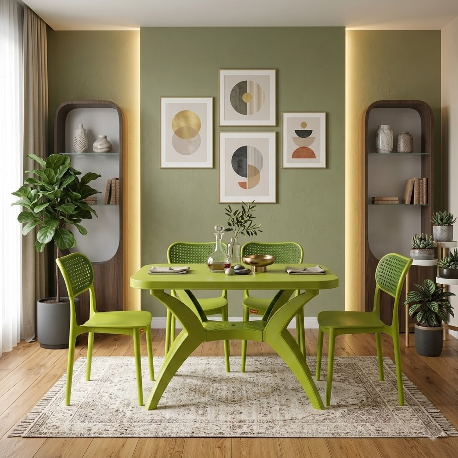 Image of TrendyLivings 4 Seater Dining Table Set for Home Garden Cafeteria Restaurant Plastic 4 Seater Dining Set