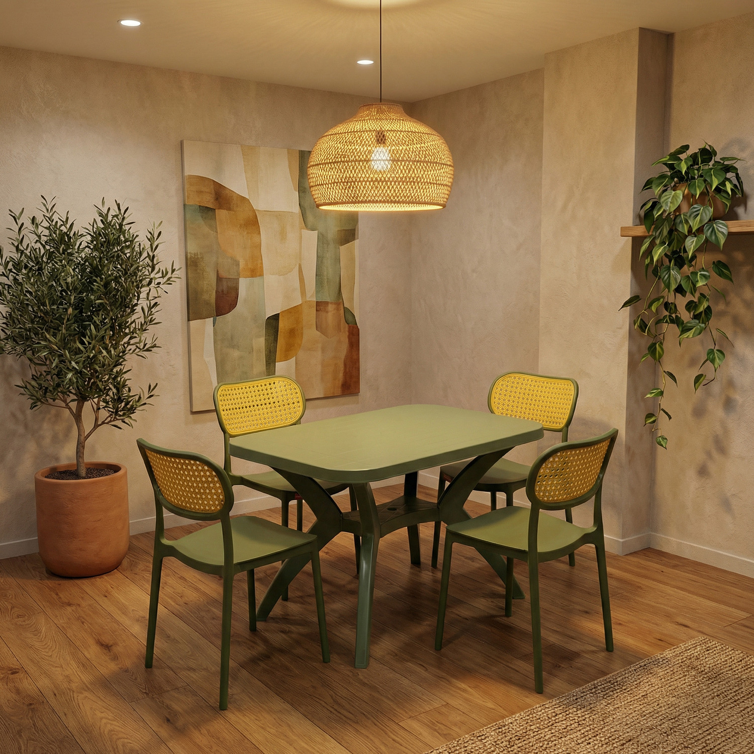 Image of TrendyLivings 4 Seater Dining Table Set for Home Garden Cafeteria Restaurant Plastic 4 Seater Dining Set