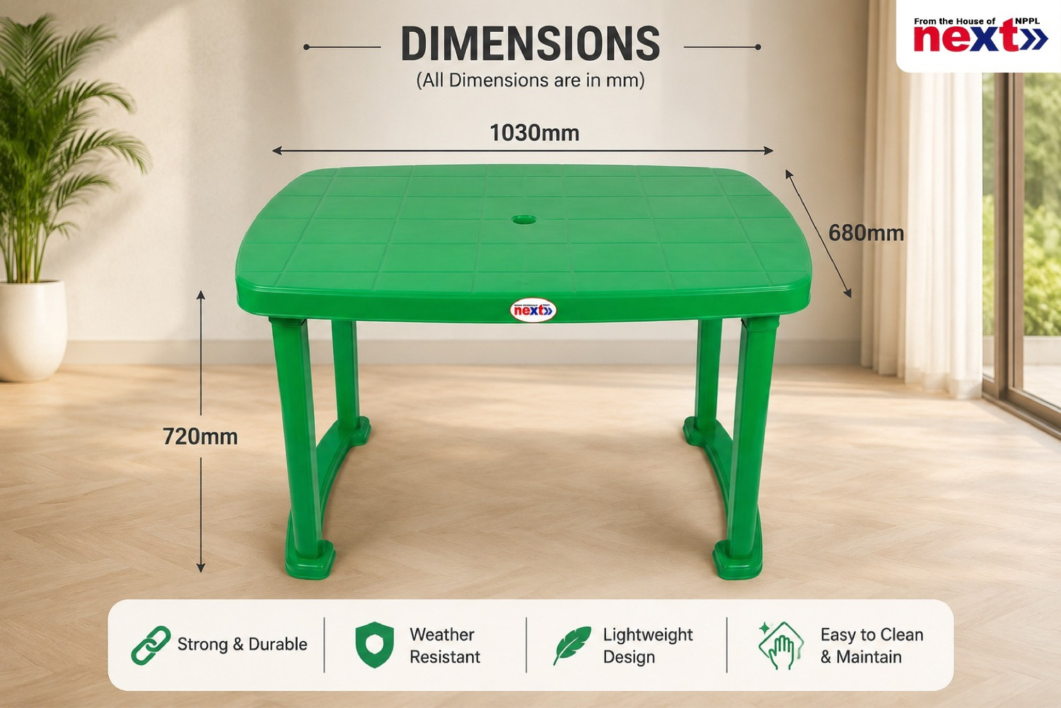 Image of next NPPL FLORA Multipurpose Heavy Duty Rectangular Table for Home, Office & Outdoor Plastic 4 Seater Dining Table
