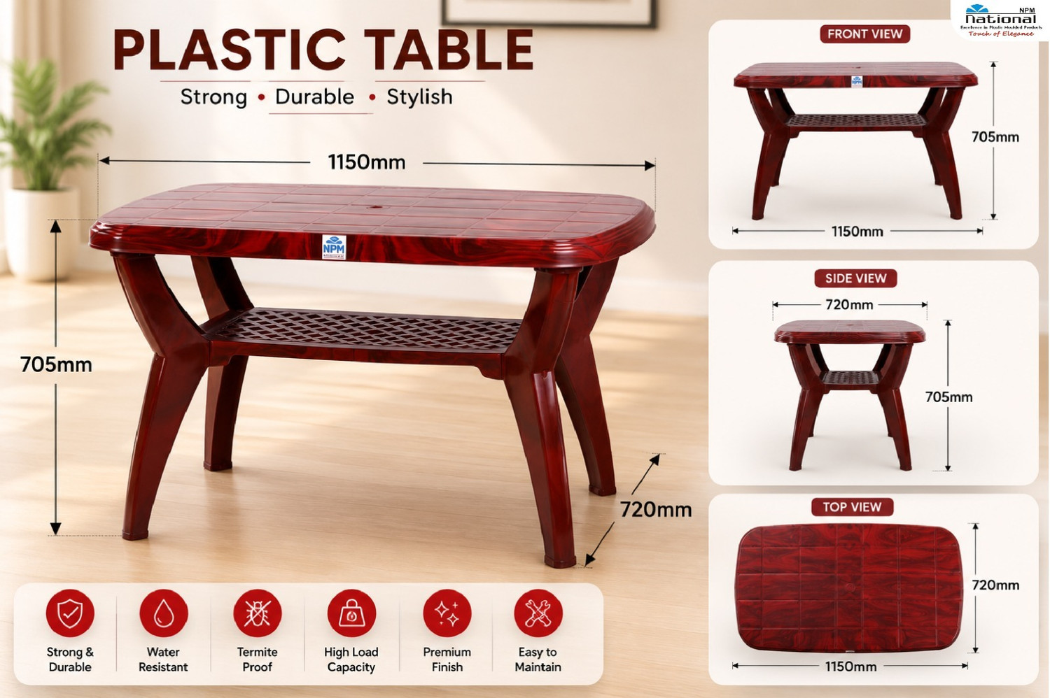 Image of NPM NATIONAL MAHARAJA Premium Plastic Center Table for Living Room, Balcony & Garden Plastic 4 Seater Dining Table