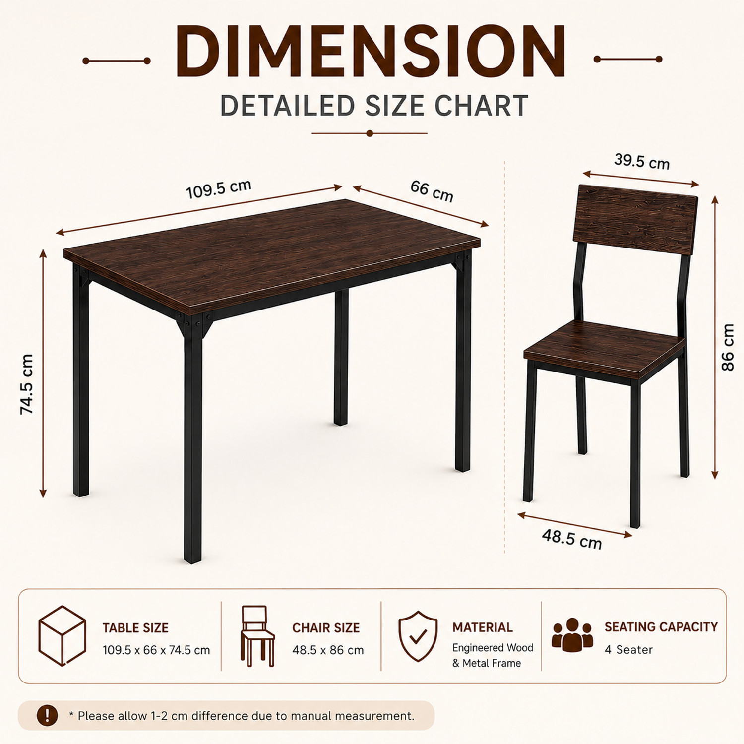 Image of furniba 4 seater Dining Table set with chairs | Metal Frame | Sapce Saving | Engineered Wood 4 Seater Dining Set