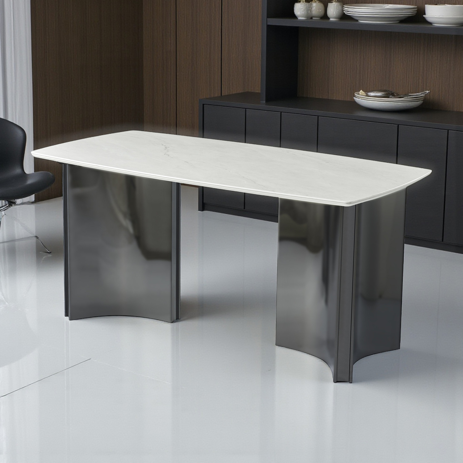 Image of THE ATTIC The Attic Prism Dining Table 160 cms with Sculpted Dual-Tone Pillar Base Metal 6 Seater Dining Table