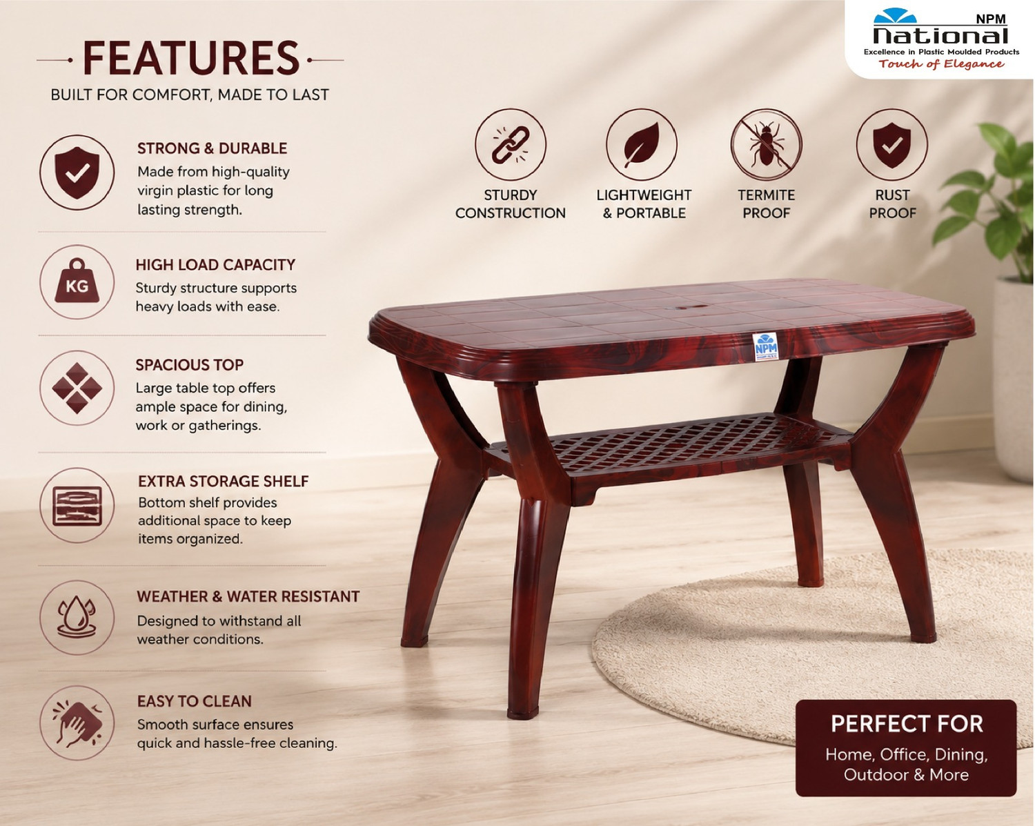 Image of NPM NATIONAL MAHARAJA Premium Plastic Center Table for Living Room, Balcony & Garden Plastic 4 Seater Dining Table