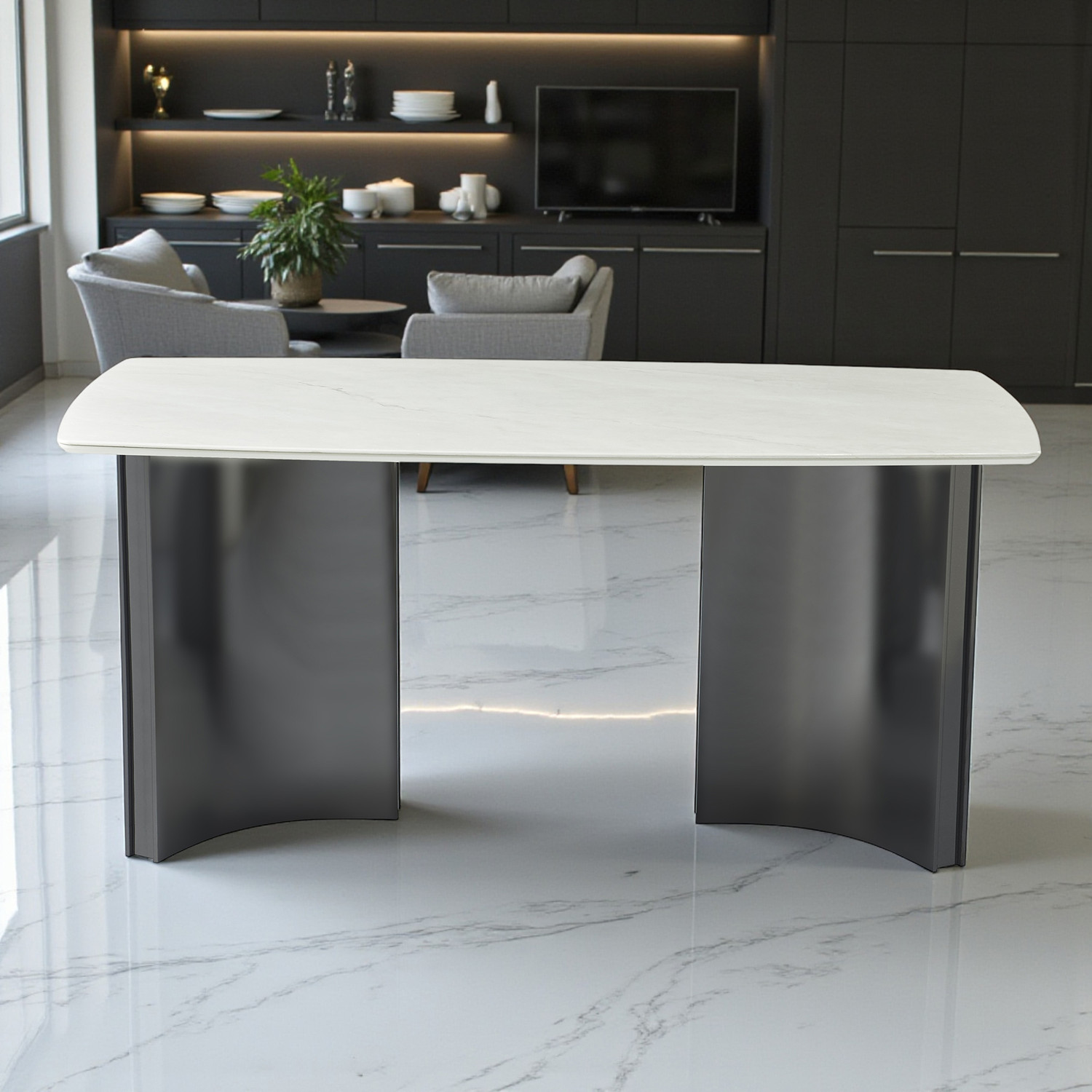 Image of THE ATTIC The Attic Prism Dining Table 160 cms with Sculpted Dual-Tone Pillar Base Metal 6 Seater Dining Table