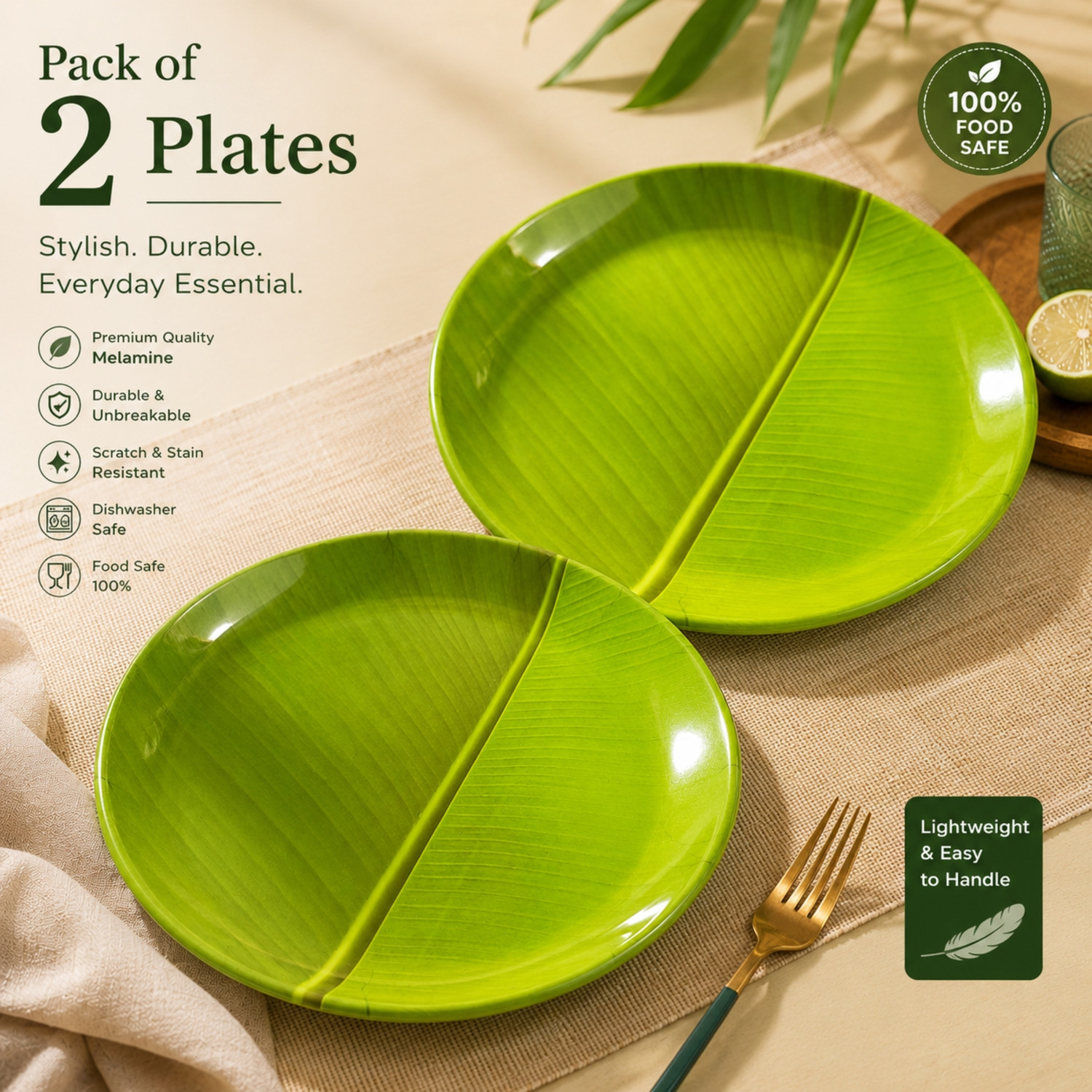 Image of Noman Melamine Banana Leaf Design Dinner Plate 11 Inch, Green Dinner Plate