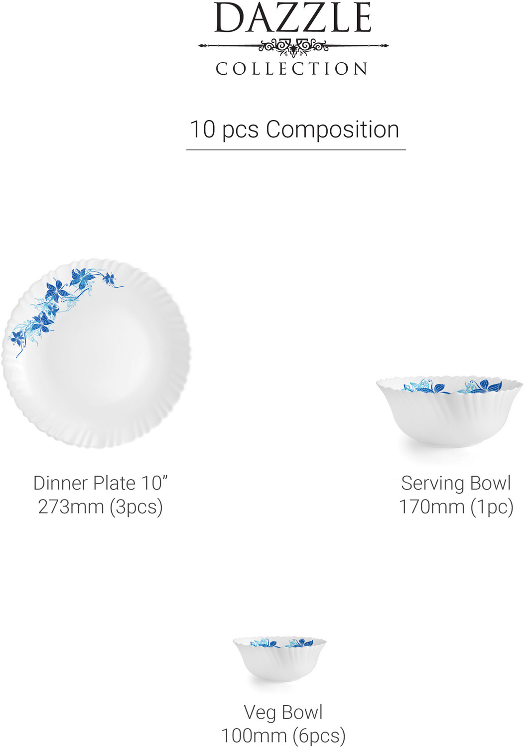 Image of cello Pack of 10 Opalware Series Blue Swirl Crockery Set | Dishwasher Safe | Light-Weight Dinner Set (Blue, Microwave Safe)