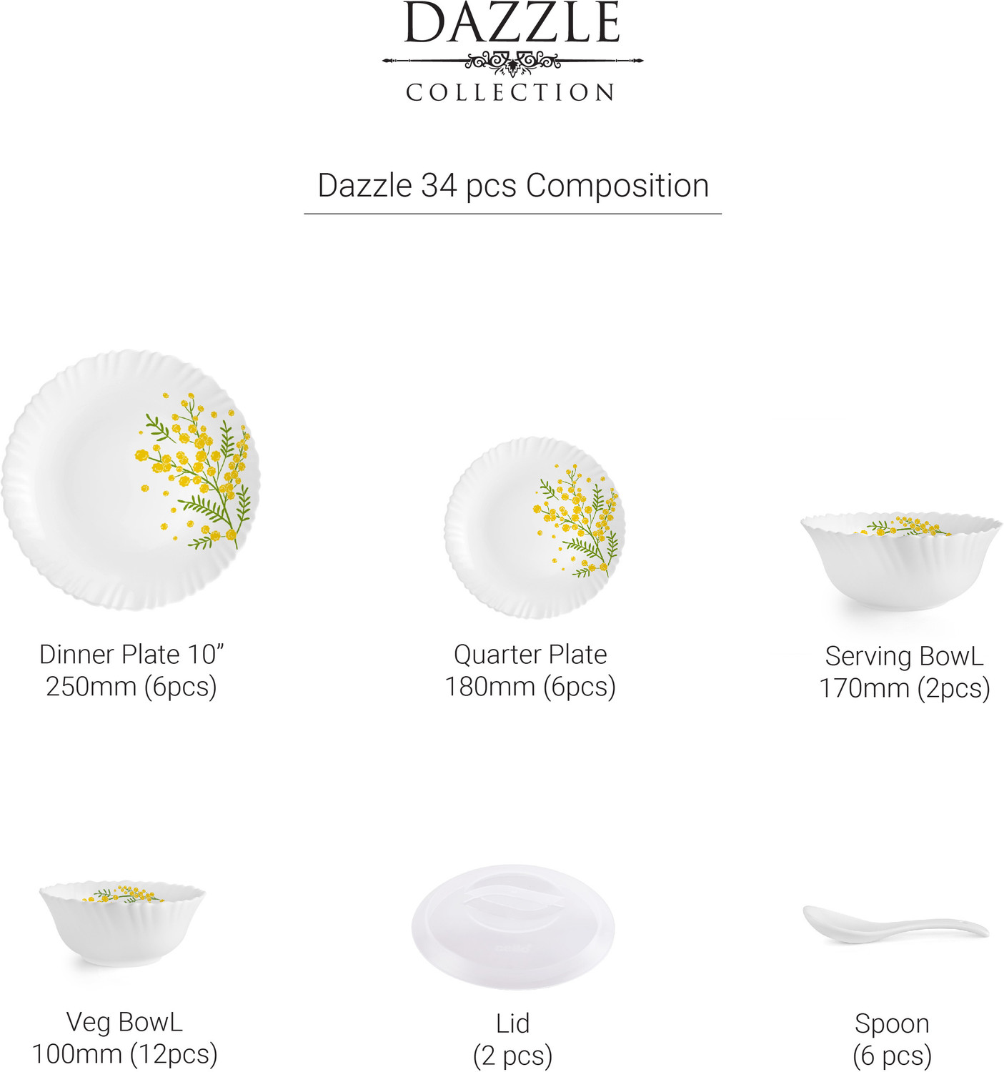 Image of cello Pack of 34 Opalware Dazzle Series Girasol Crockery Set|Dishwasher Safe|Light-Weight Dinner Set (Yellow, Green, Microwave Safe)