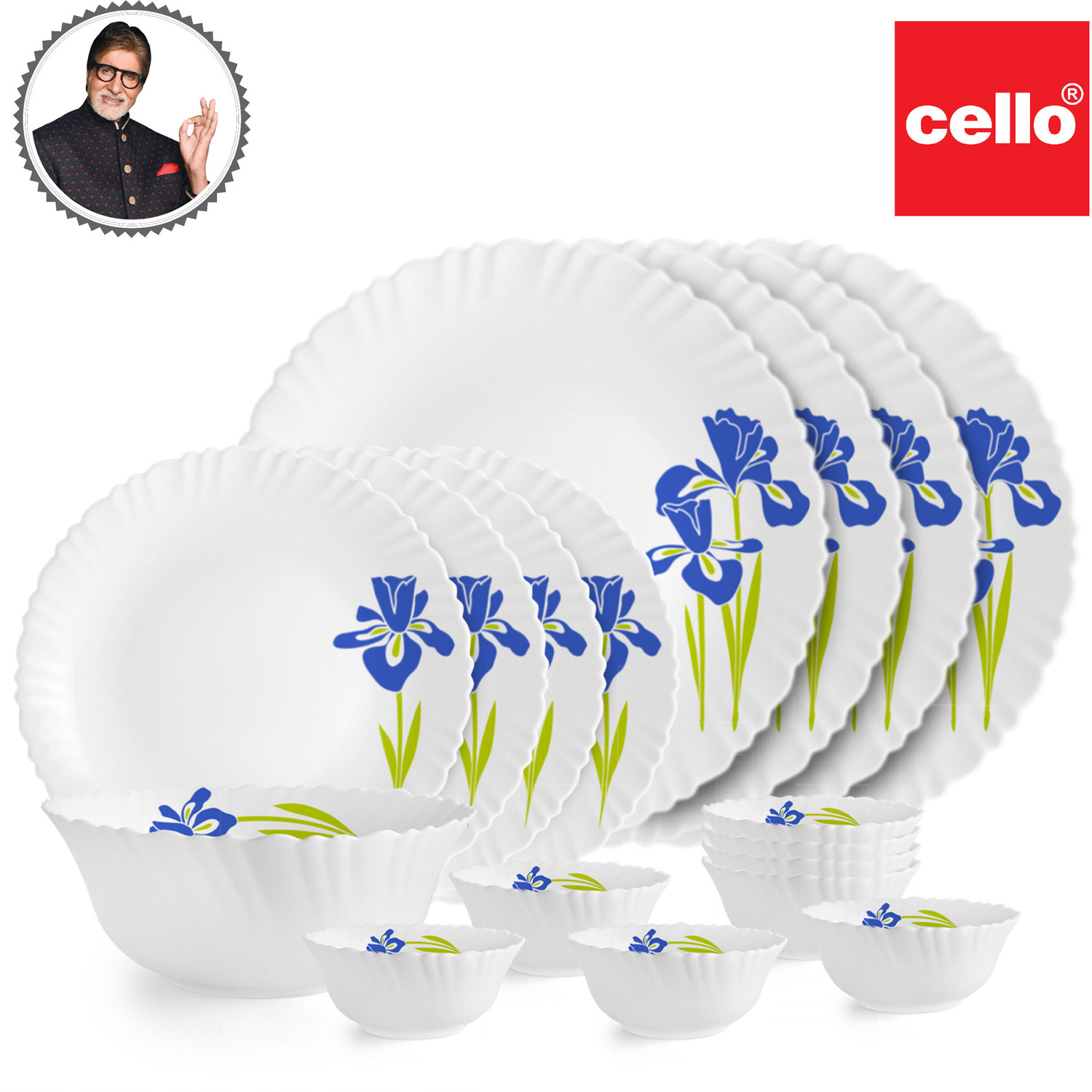 Image of cello Pack of 17 Opalware Dazzle Opalware Blue Iris Dinner Set Dinner Set (Blue, White, Microwave Safe)