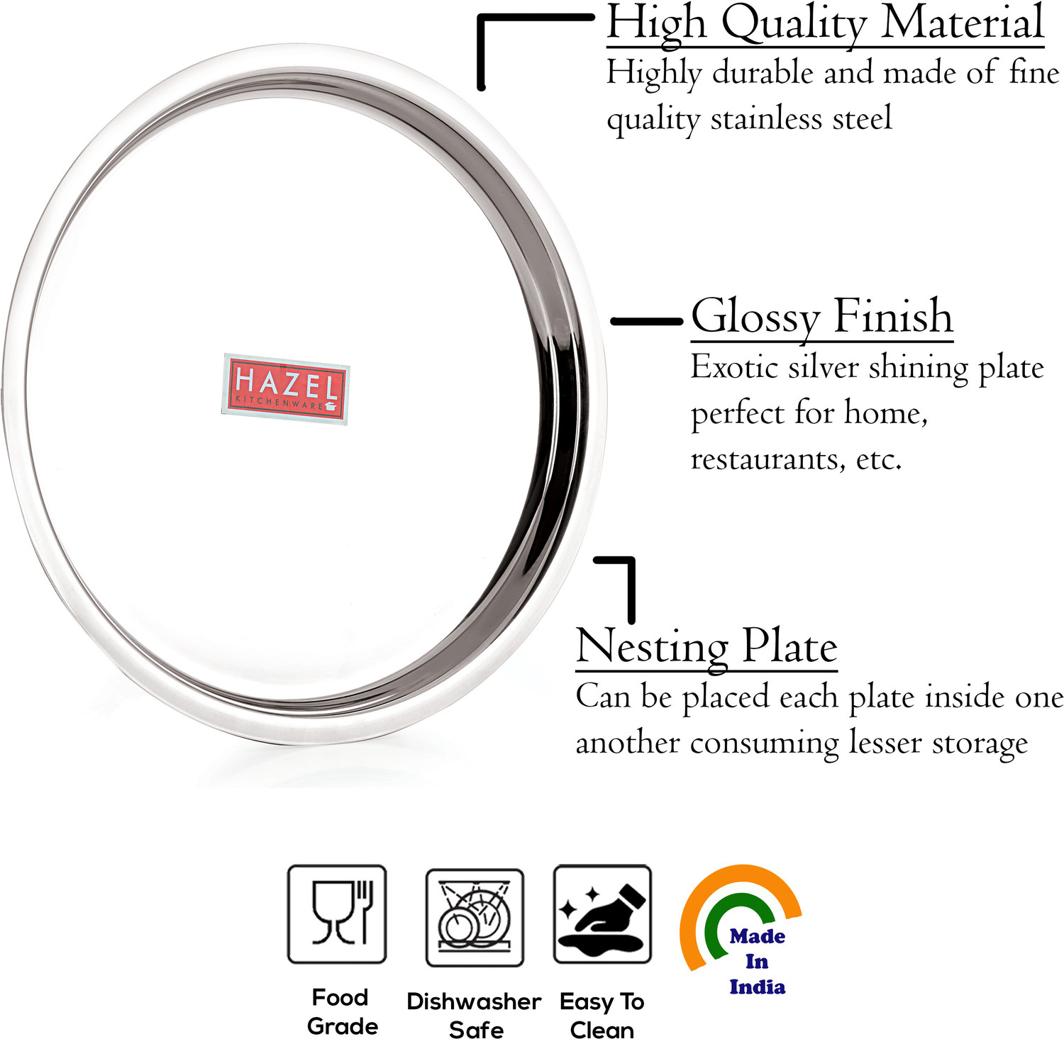 Image of HAZEL Stainless Steel Plates Set Mirror Finish Thali For Dinner & Lunch Set of 3, 25cm Dinner Plate
