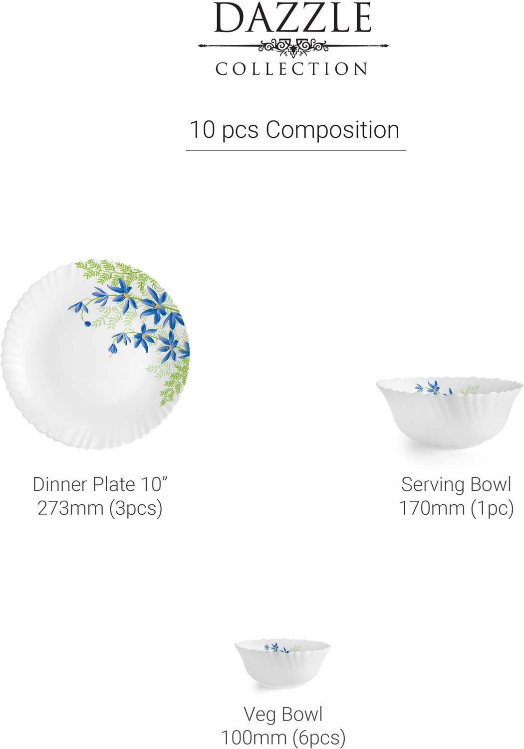 Image of cello Pack of 10 Opalware Dazzle Series Blue Primrose Crockery Set |Dishwasher Safe|Light-Weight Dinner Set (Green, Blue, Microwave Safe)