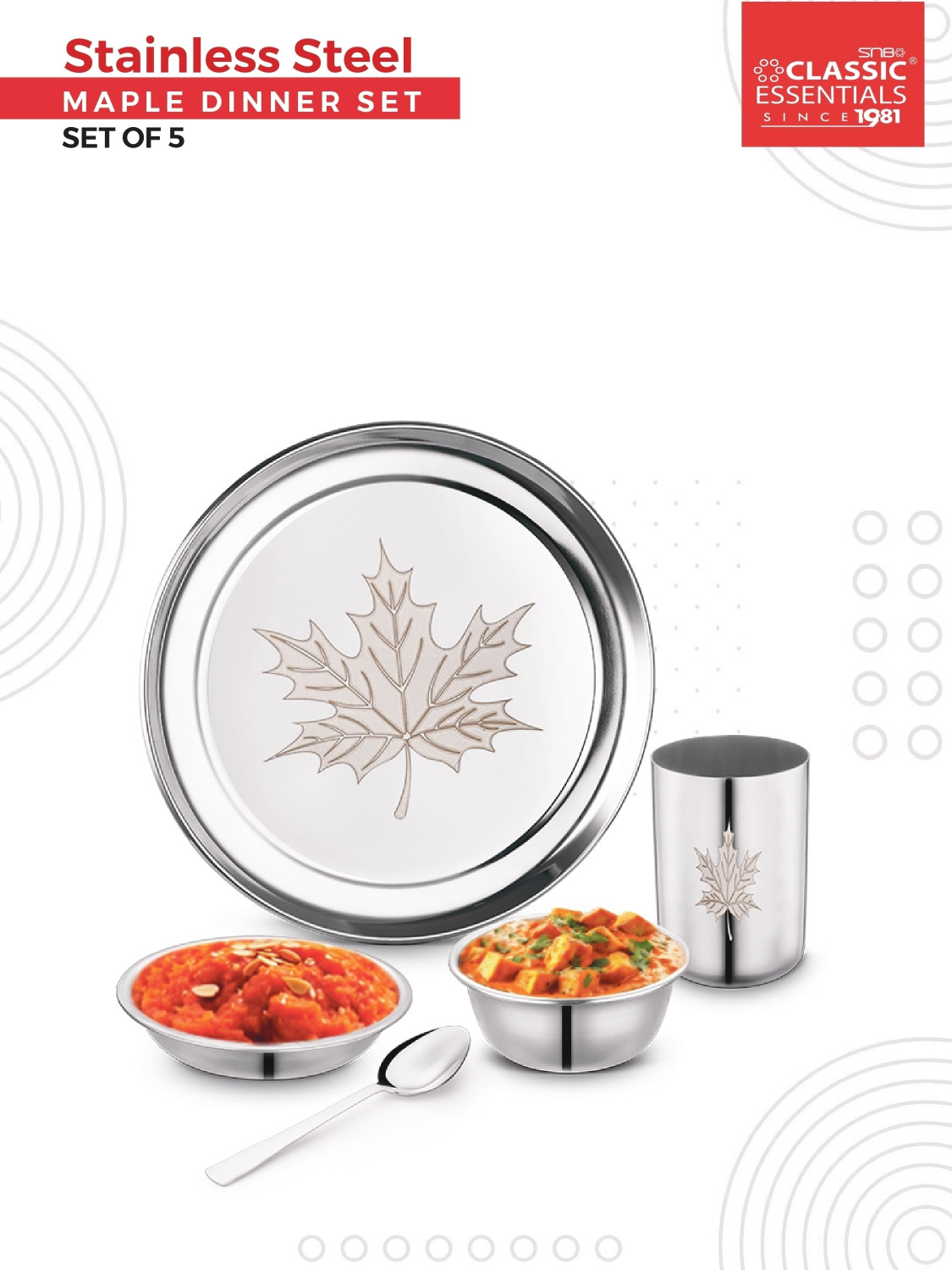 Image of Classic Essentials Pack of 5 Stainless Steel Dinner Set|Heavy Gauge|Kitchen Set|Permanent Laser-Maple Dinner Set