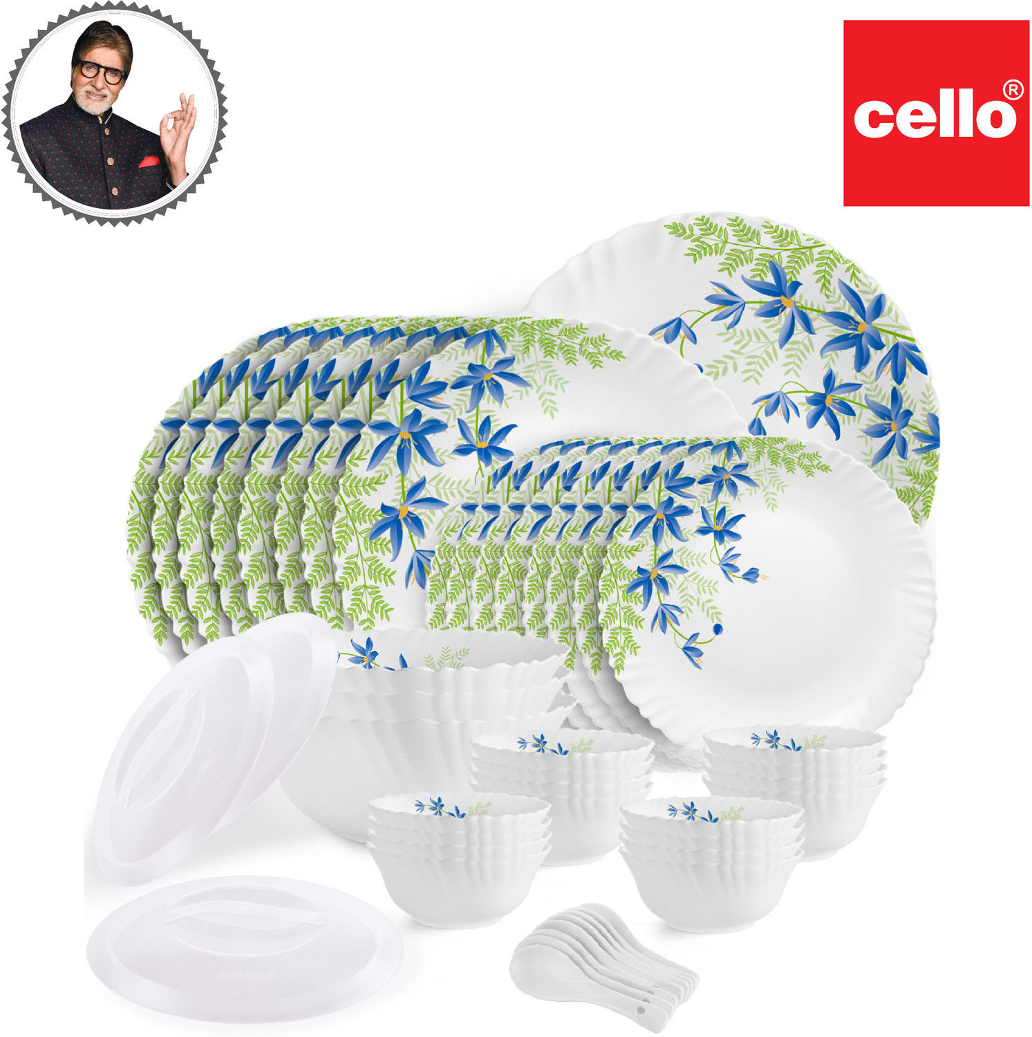 Image of cello Pack of 47 Opalware Dazzle Series Blue Primrose Crockery Set |Dishwasher Safe|Light-Weight Dinner Set (Green, Blue, Microwave Safe)