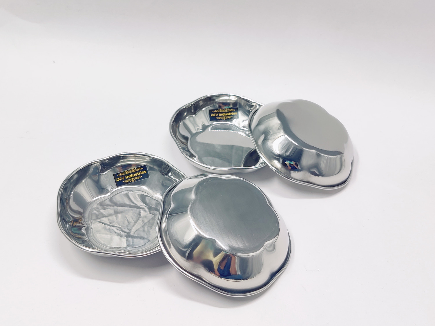 Image of Dev Industries Pack of 4 Stainless Steel Stainless Steel Mirror Finish Flower Shape Halwa Plate 12cm- 120ml Each Dinner Set