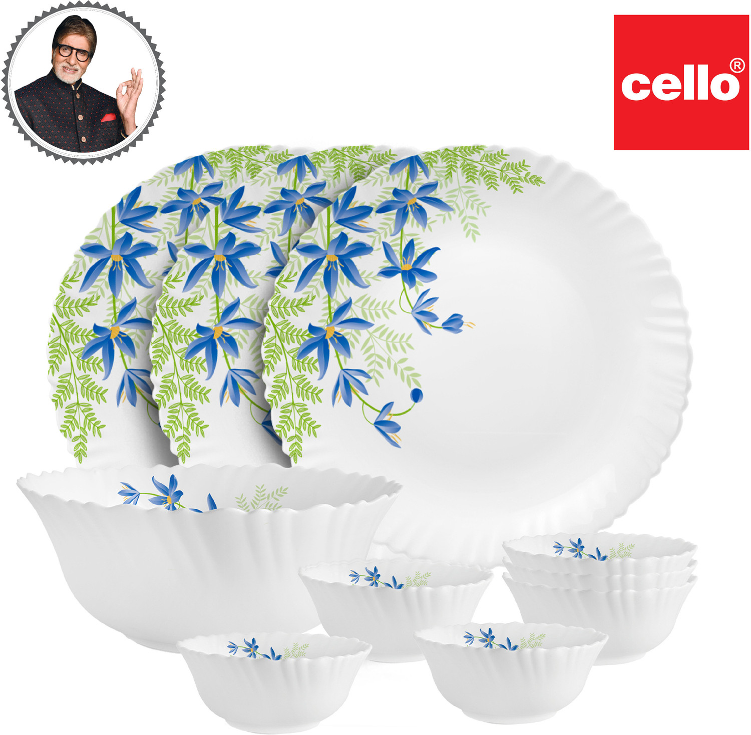 Image of cello Pack of 10 Opalware Dazzle Series Blue Primrose Crockery Set |Dishwasher Safe|Light-Weight Dinner Set (Green, Blue, Microwave Safe)