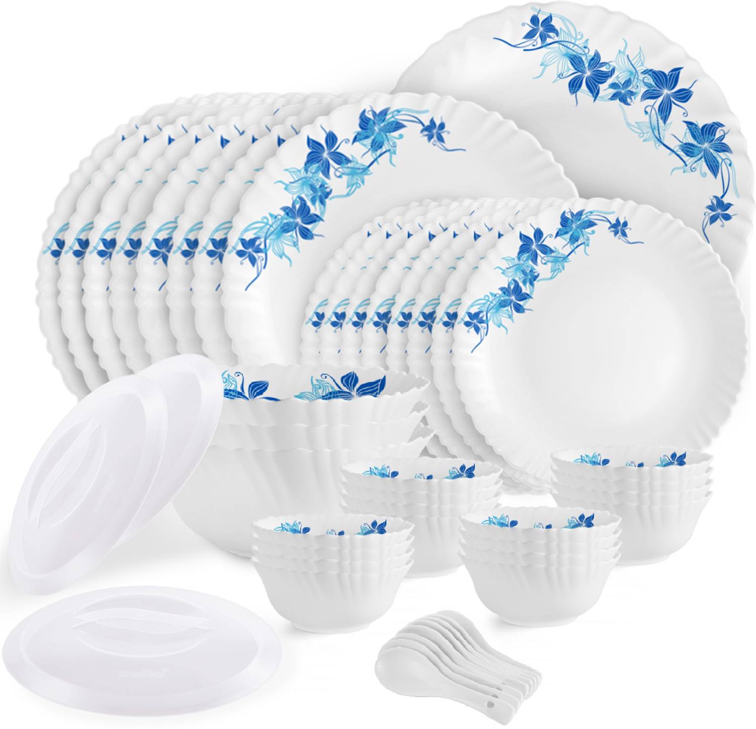 cello Pack of 47 Opalware Dazzle Series Blue Swirl Crockery Set | Dishwasher Safe | Light-Weight Dinner Set