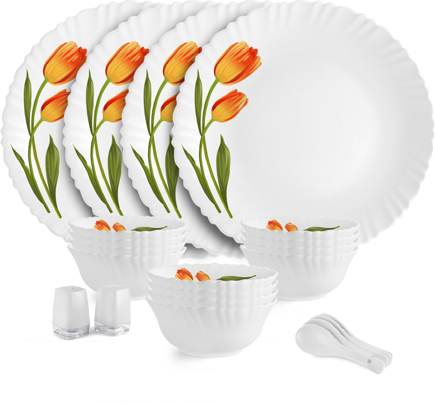 Image of cello Pack of 22 Opalware Dazzle Series Spring Tulip Crockery Set |Dishwasher Safe| Light-Weight Dinner Set (Yellow, Microwave Safe)