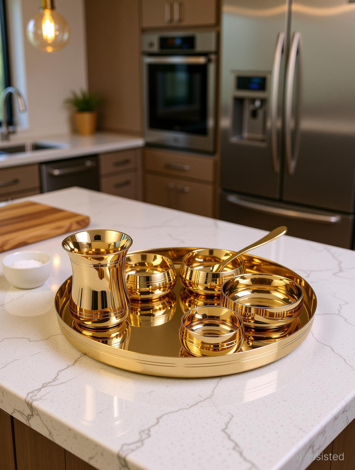 Image of The Healing Store Pack of 7 Bronze Pack of 7 Bronze 100% Pure Kansa Bronze Dinner set / Thali Set -Glossy Finish Dinner Set