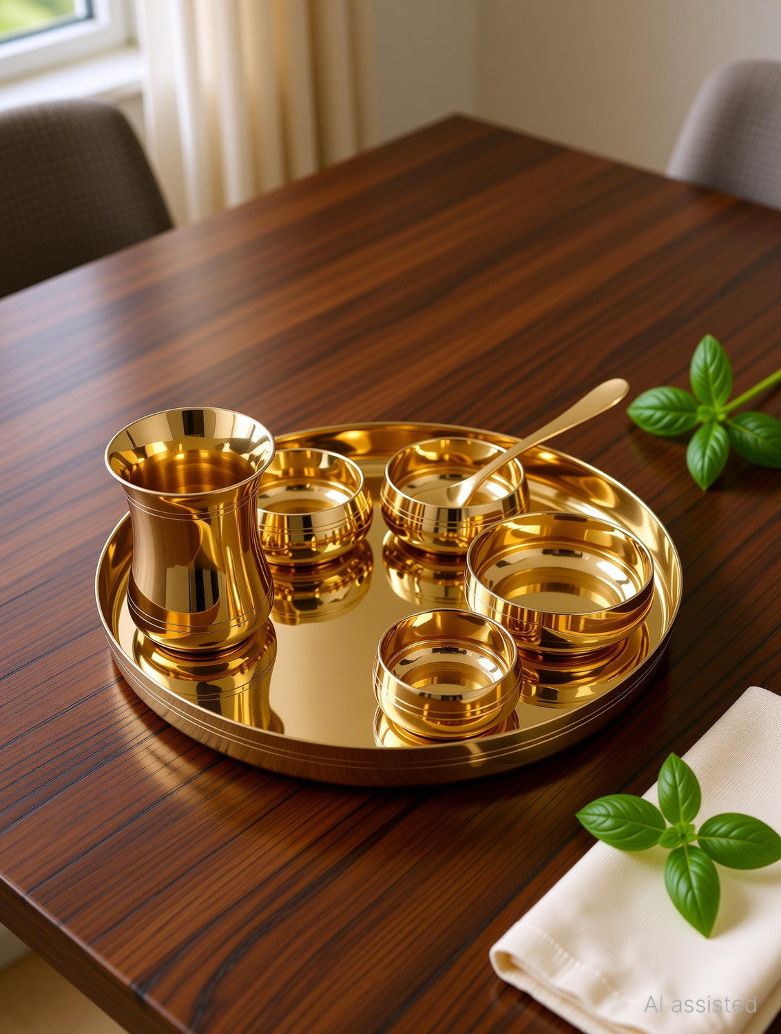 Image of The Healing Store Pack of 7 Bronze Pack of 7 Bronze 100% Pure Kansa Bronze Dinner set / Thali Set -Glossy Finish Dinner Set
