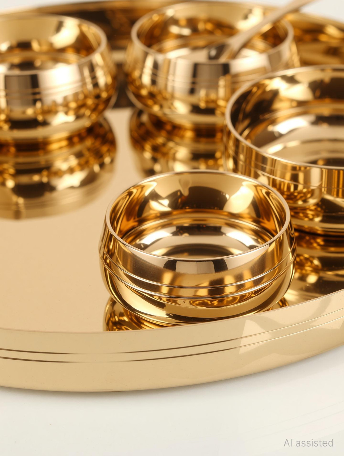 Image of The Healing Store Pack of 7 Bronze Pack of 7 Bronze 100% Pure Kansa Bronze Dinner set / Thali Set -Glossy Finish Dinner Set