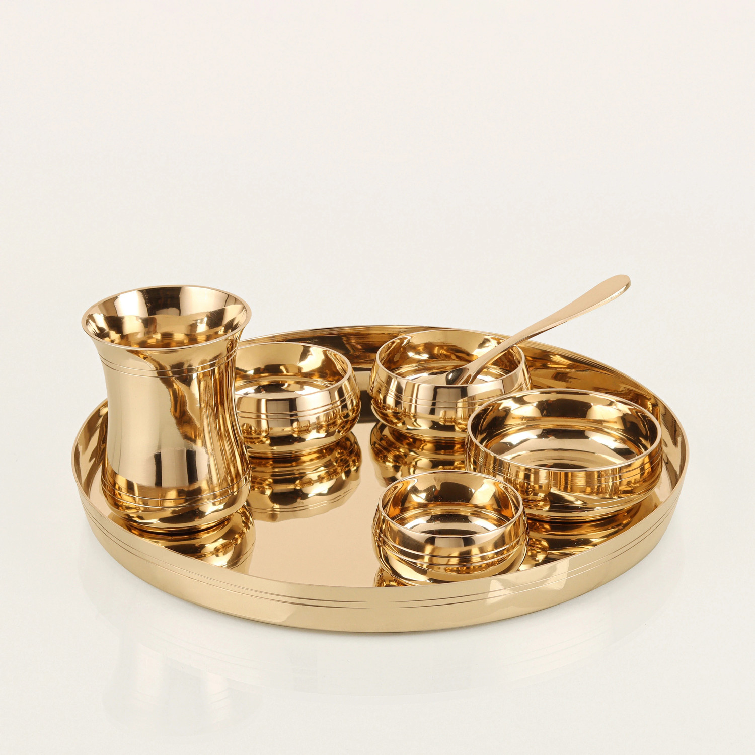Image of The Healing Store Pack of 7 Bronze Pack of 7 Bronze 100% Pure Kansa Bronze Dinner set / Thali Set -Glossy Finish Dinner Set