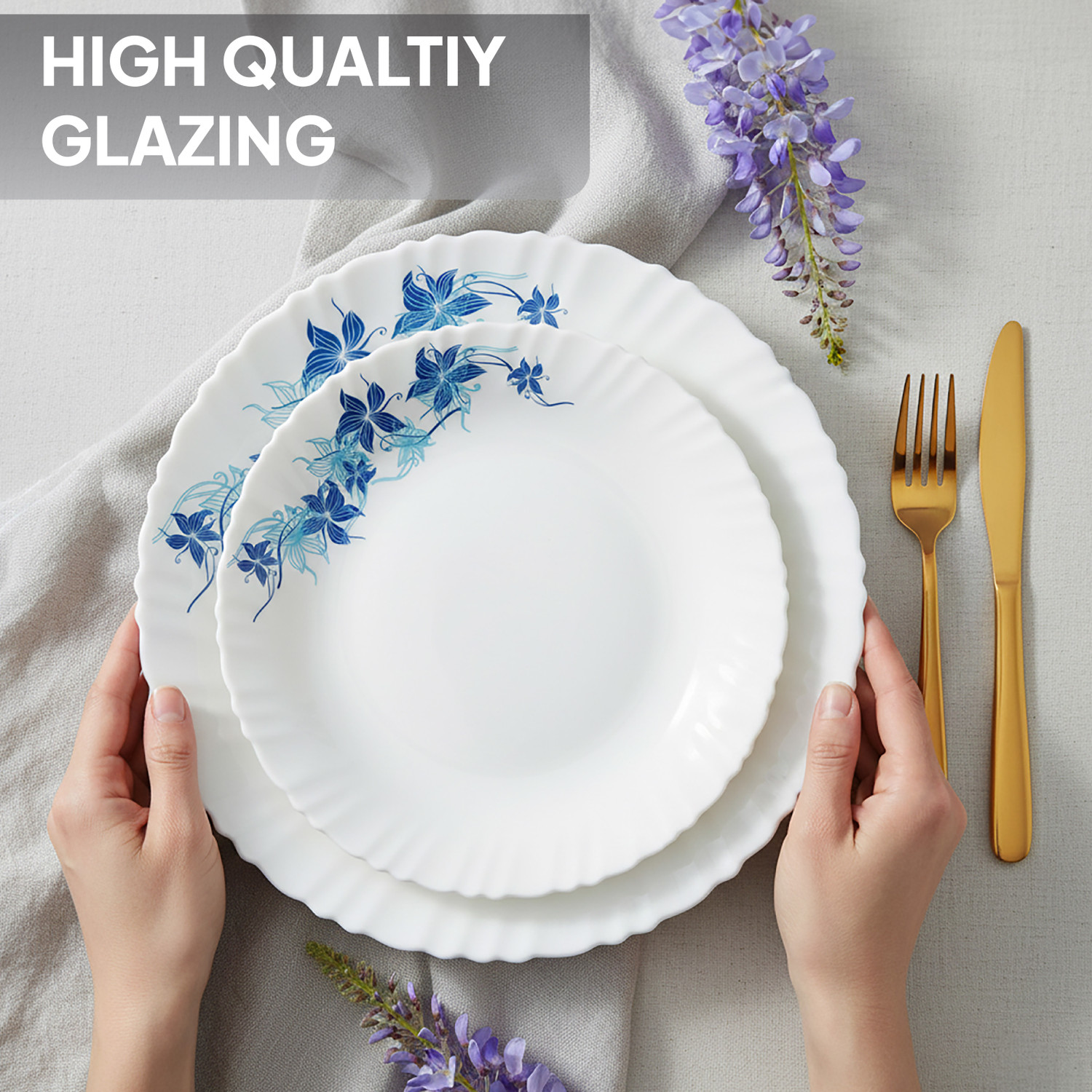 Image of cello Pack of 47 Opalware Dazzle Series Blue Swirl Crockery Set | Dishwasher Safe | Light-Weight Dinner Set (Blue, Microwave Safe)
