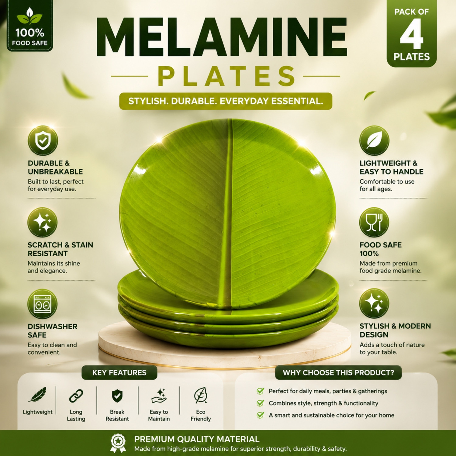 Image of Noman Melamine Banana Leaf Shape South Indian Dinner Plate | Reusable,Lightweight,Tray Dinner Plate