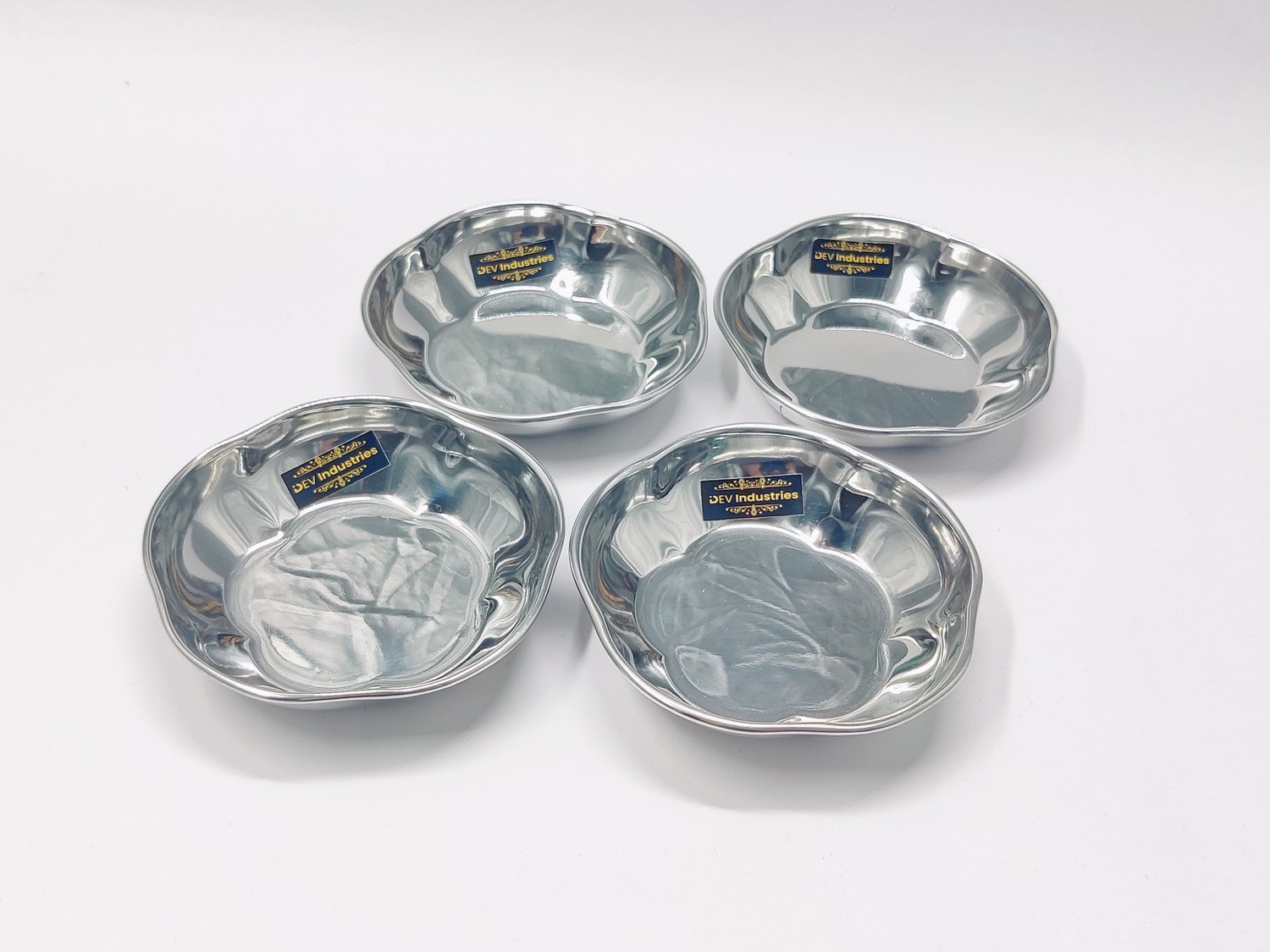 Image of Dev Industries Pack of 4 Stainless Steel Stainless Steel Mirror Finish Flower Shape Halwa Plate 12cm- 120ml Each Dinner Set
