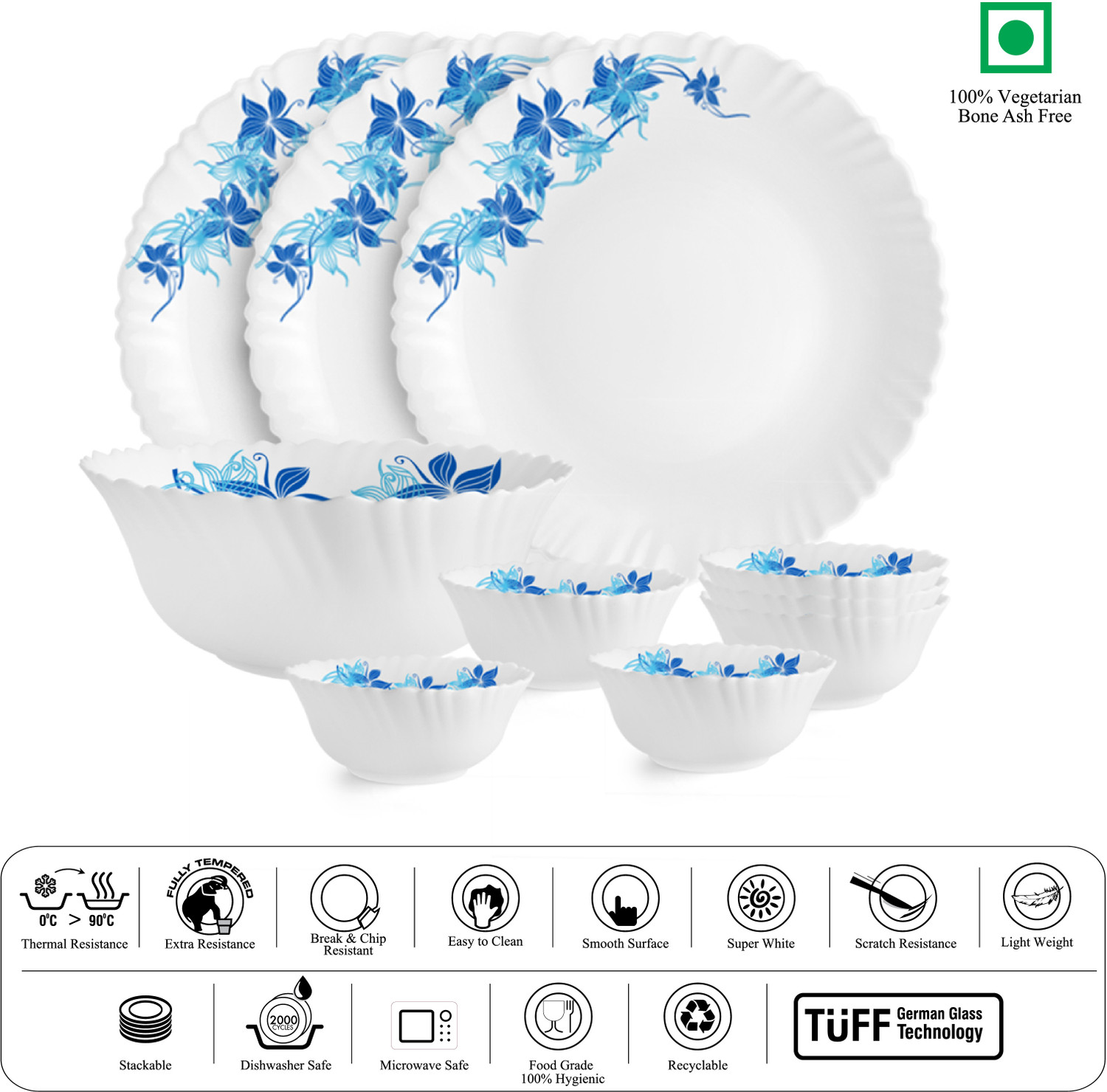 Image of cello Pack of 10 Opalware Series Blue Swirl Crockery Set | Dishwasher Safe | Light-Weight Dinner Set (Blue, Microwave Safe)