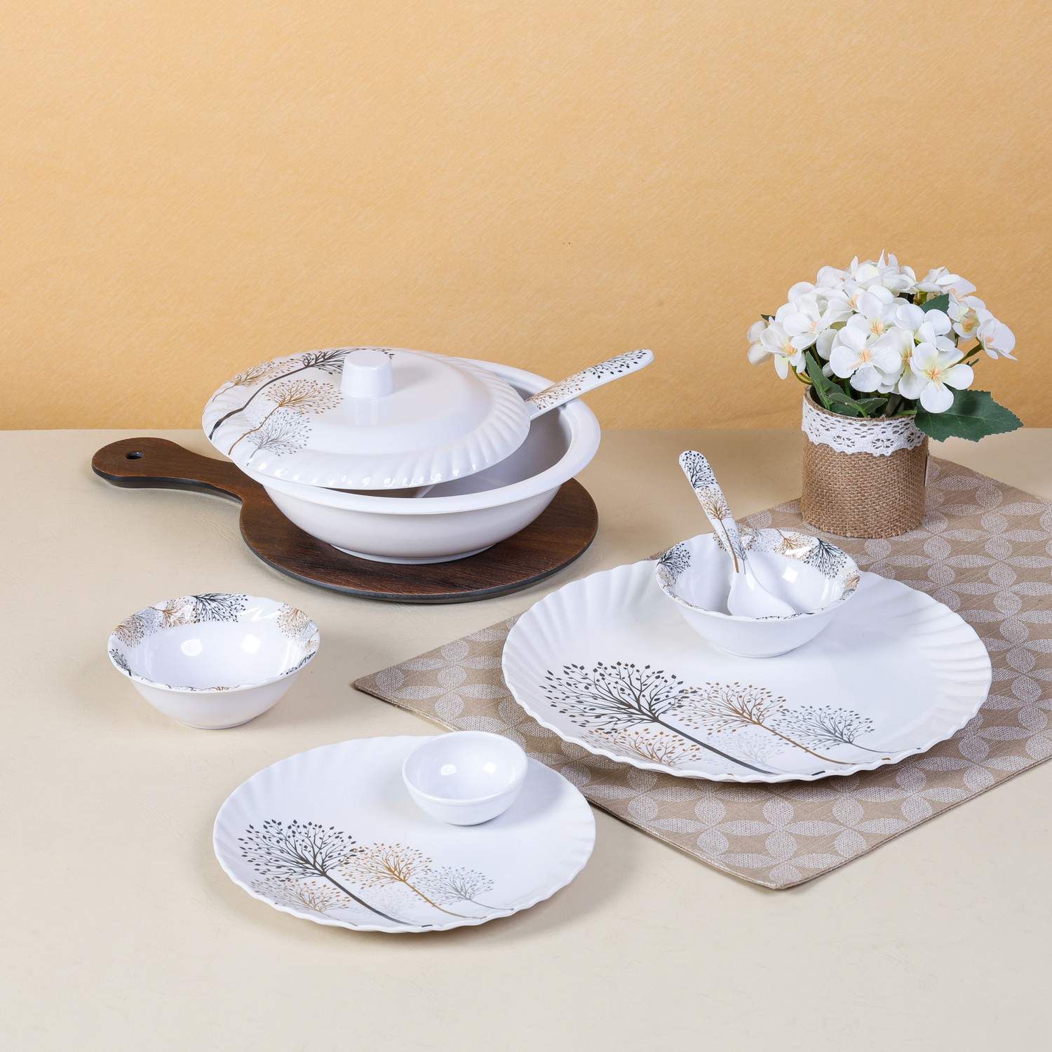 Image of City Gold Pack of 43 Melamin Dinner Set, elegant way to serve dinner to your family or guests, Fluted round Dinner Set