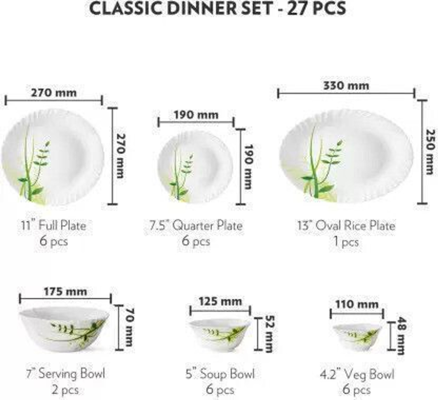 Image of BOROSIL Pack of 27 Opalware LARAH BY BOROSIL 27 N GREEN HERBS DESIGN DINNER SET Dinner Set