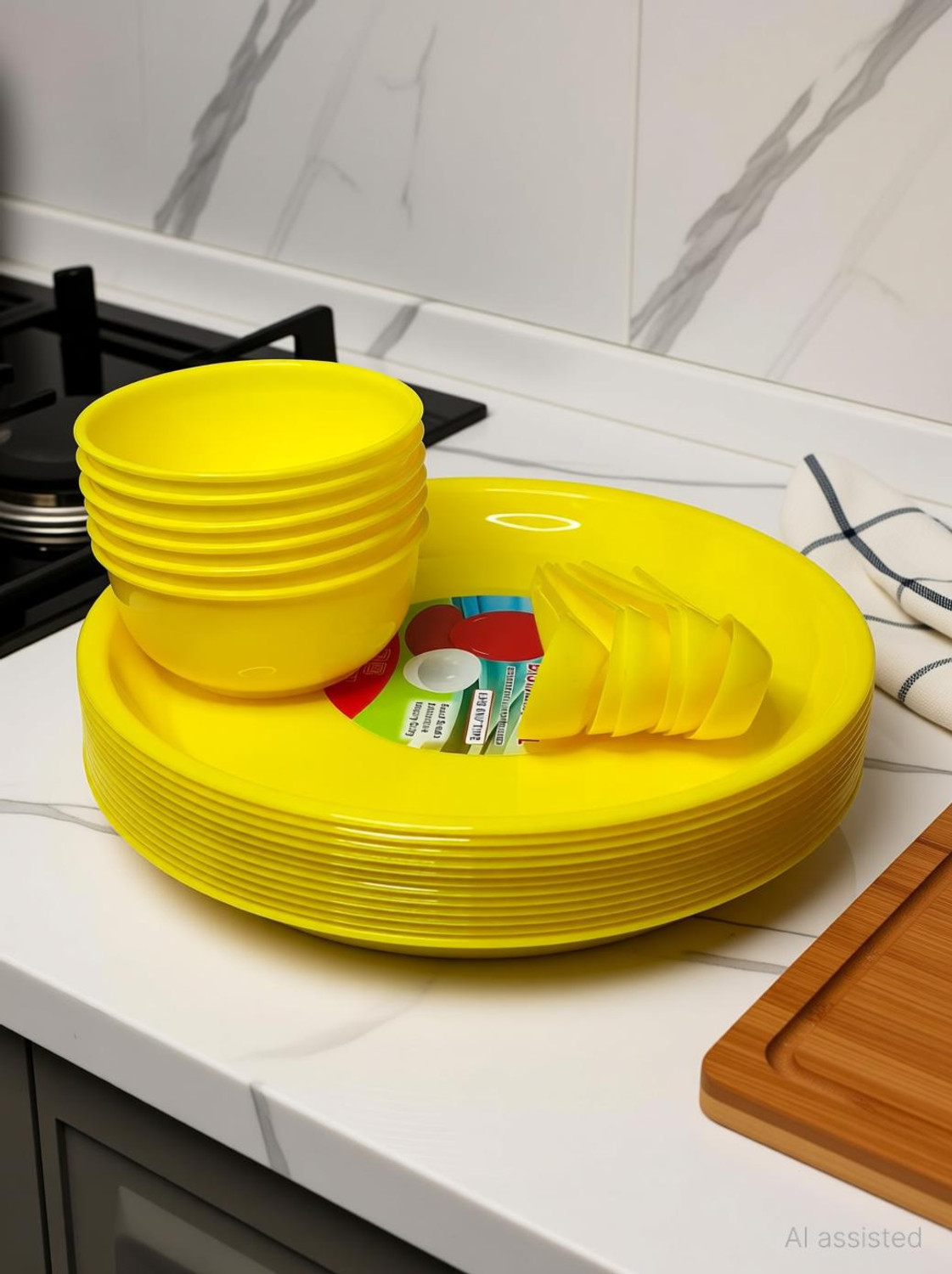 Image of ANUWORD Pack of 18 Plastic 6 Big Plates 11 Inches and 6 Katori,6 Spoon Set, Light-Weight, Daily Use Dinner Set