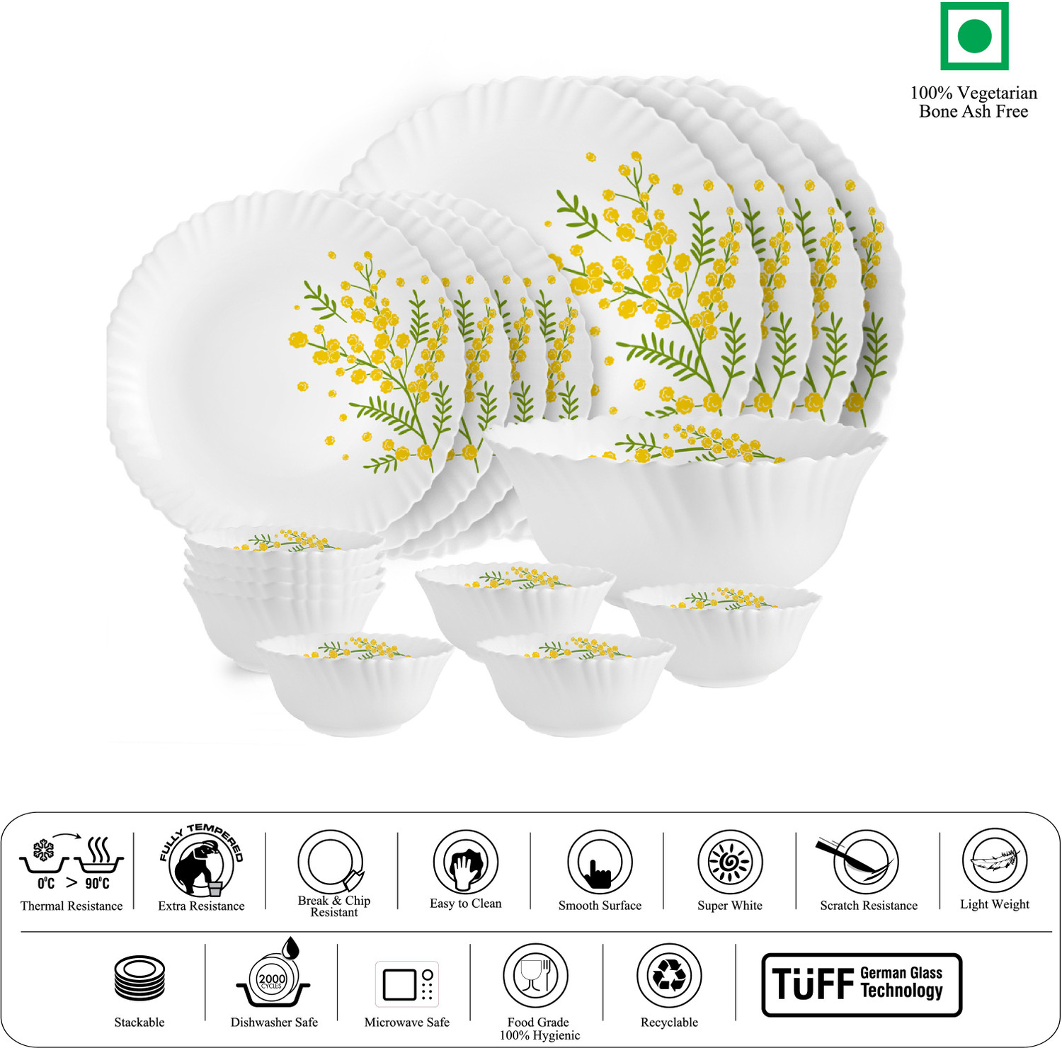 Image of cello Pack of 17 Opalware Dazzle Series Girasol Crockery Set | Dishwasher Safe | Light-Weight Dinner Set (Yellow, Green, Microwave Safe)