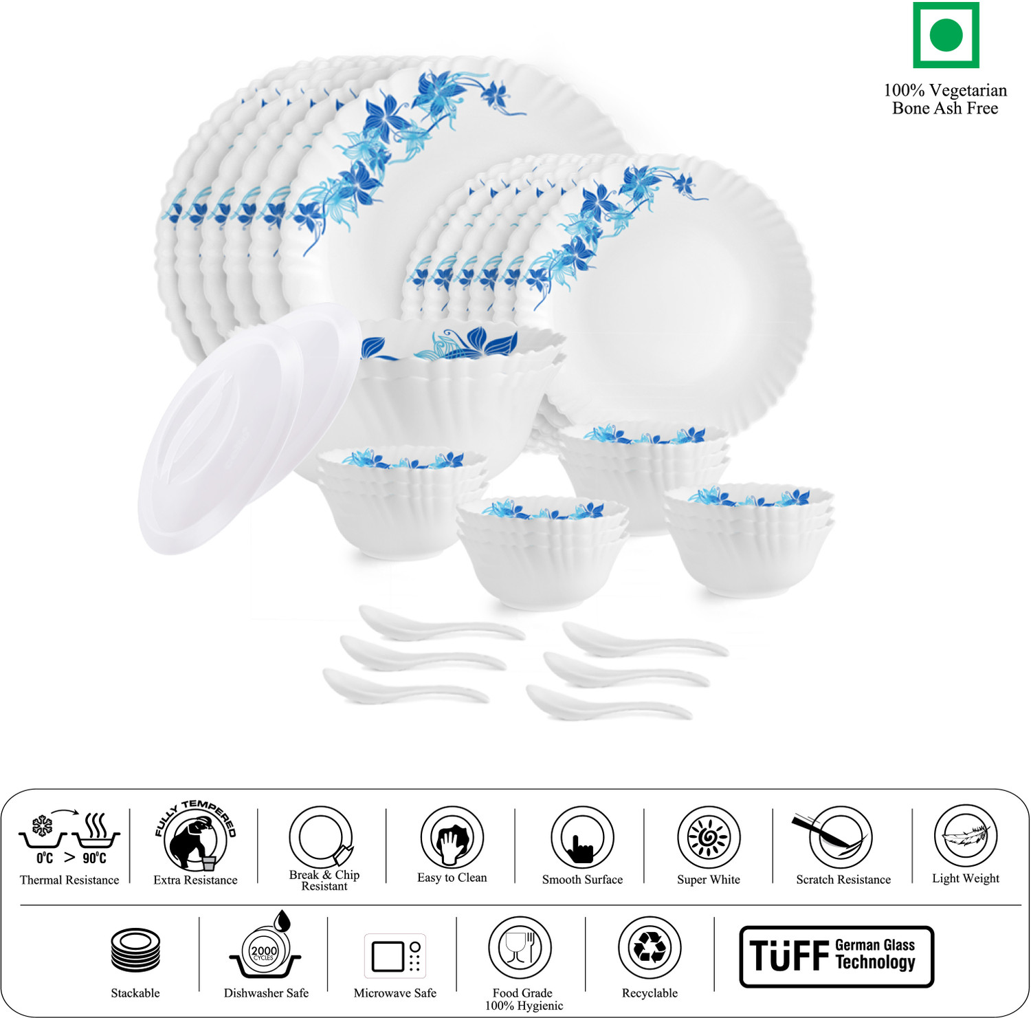 Image of cello Pack of 34 Opalware Dazzle Series Swirl Crockery Dinner Set (Blue, Microwave Safe)