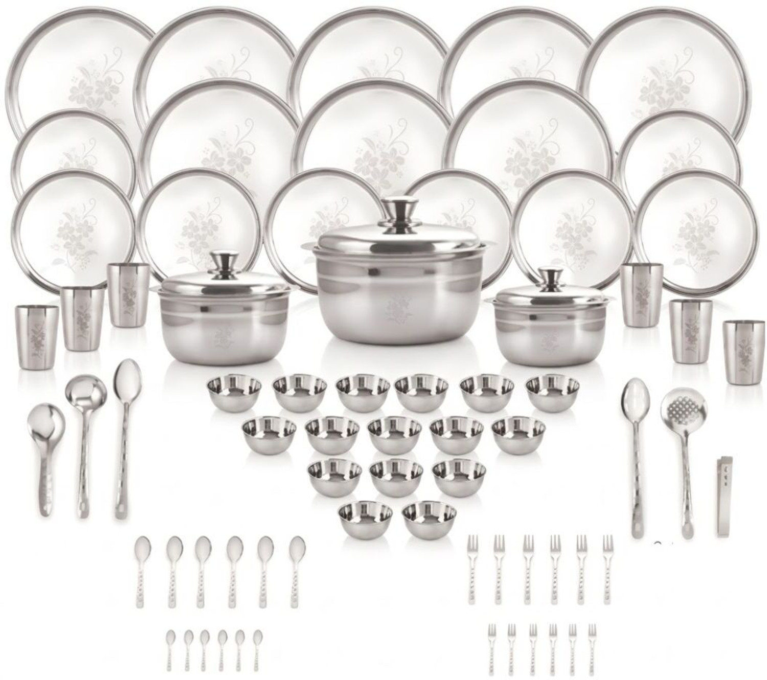 Image of NEELAM Pack of 101 Stainless Steel Neelam Stainless Steel 24G Lazer Etching Eco Dinner Set 101 Pcs Silver Dinner Set