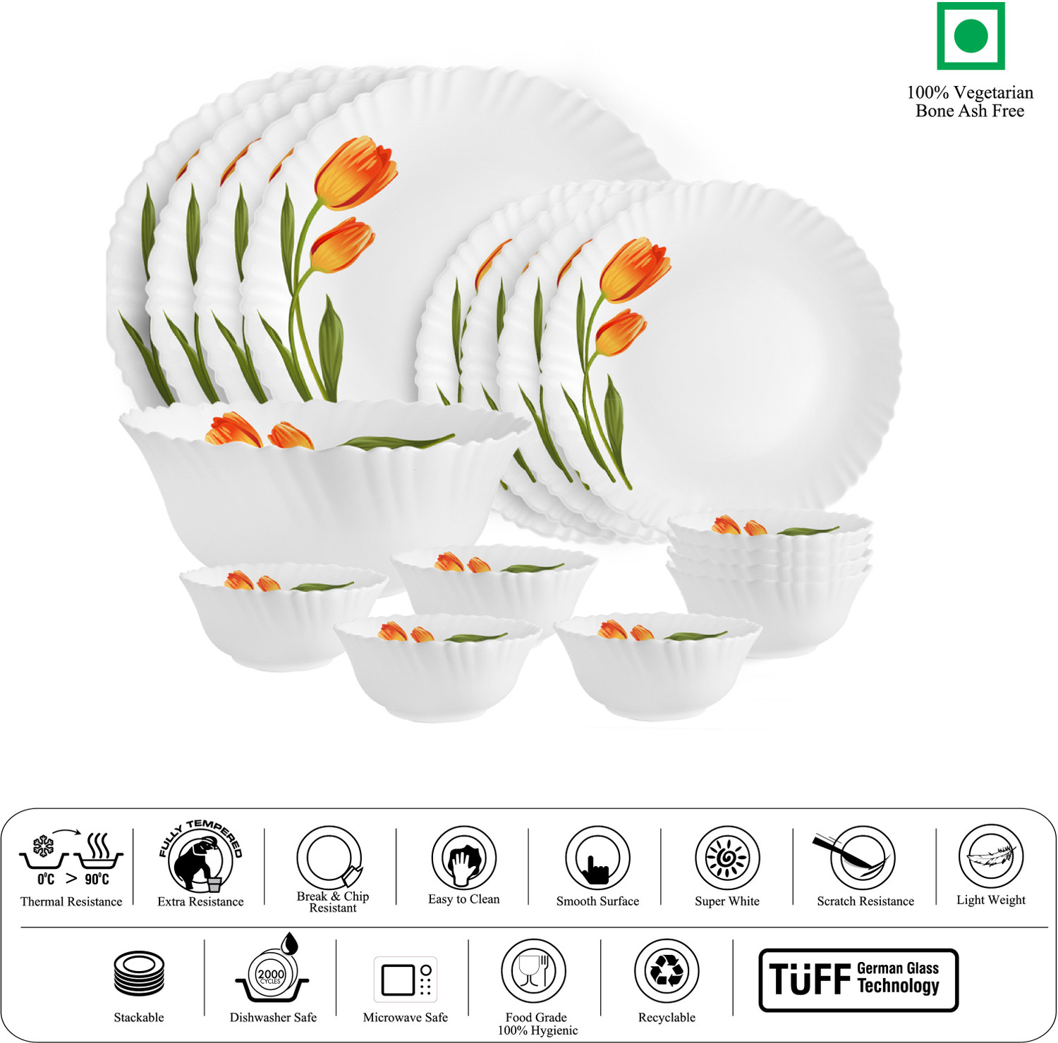 Image of cello Pack of 17 Opalware Dazzle Series Spring Tulip Crockery Set |Dishwasher Safe| Light-Weight Dinner Set (Yellow, Microwave Safe)
