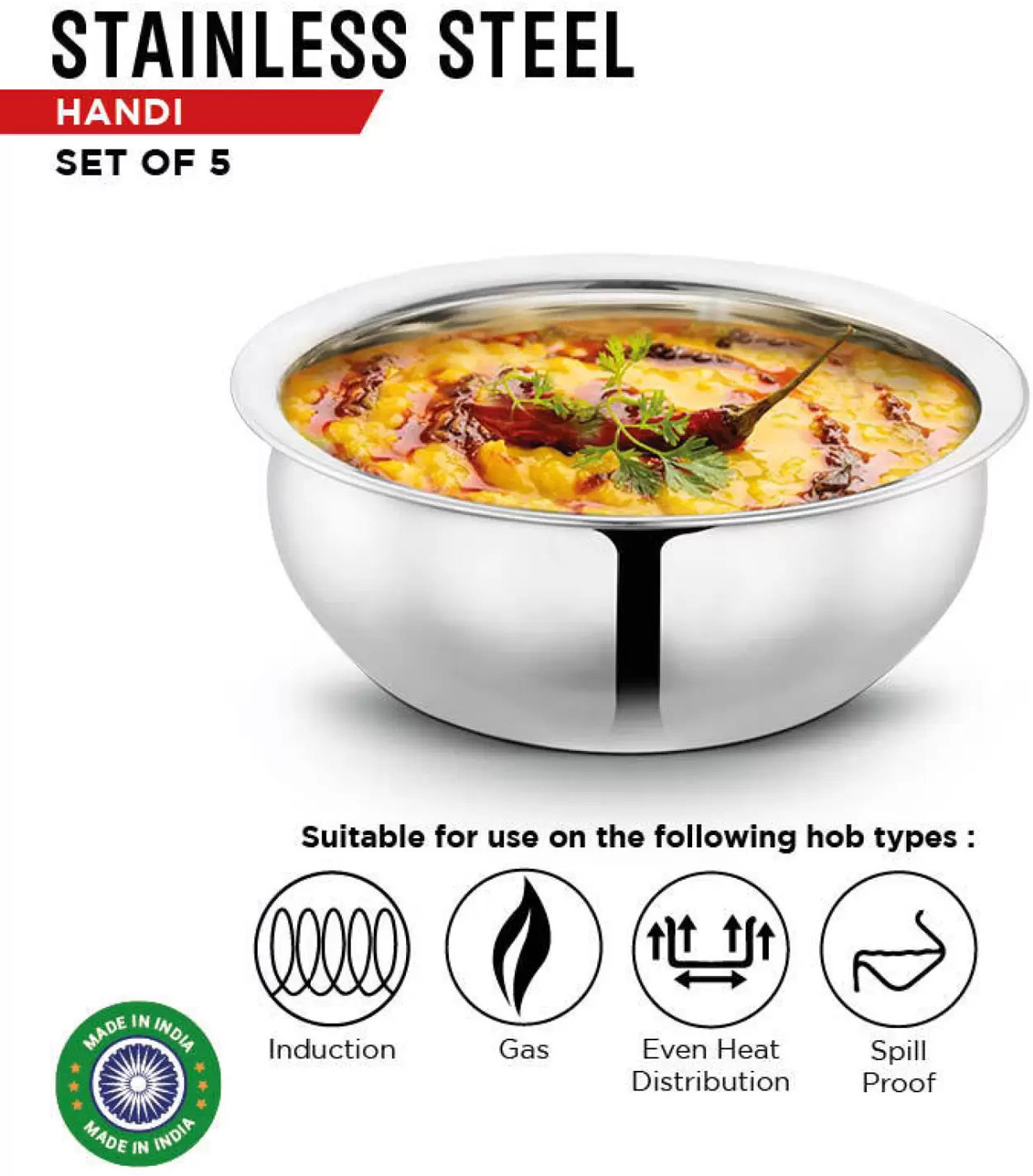 Image of Nirvika Stainless Steel Serving Bowl handi set of lid 5 cookware dinner storage cooking bowl
