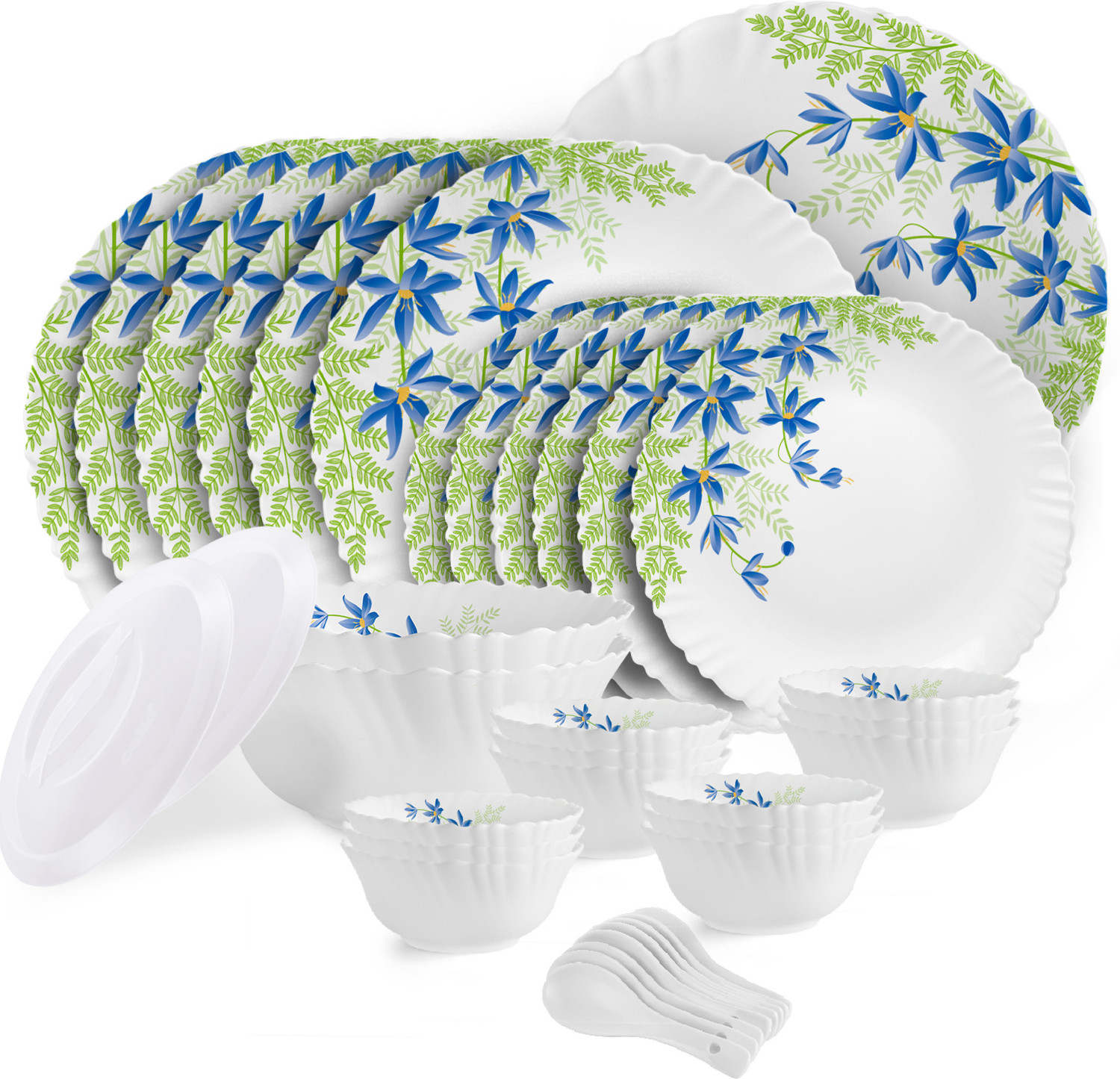 Image of cello Pack of 34 Opalware Dazzle Series Blue Primrose Dinner Set (Green, Blue, Microwave Safe)