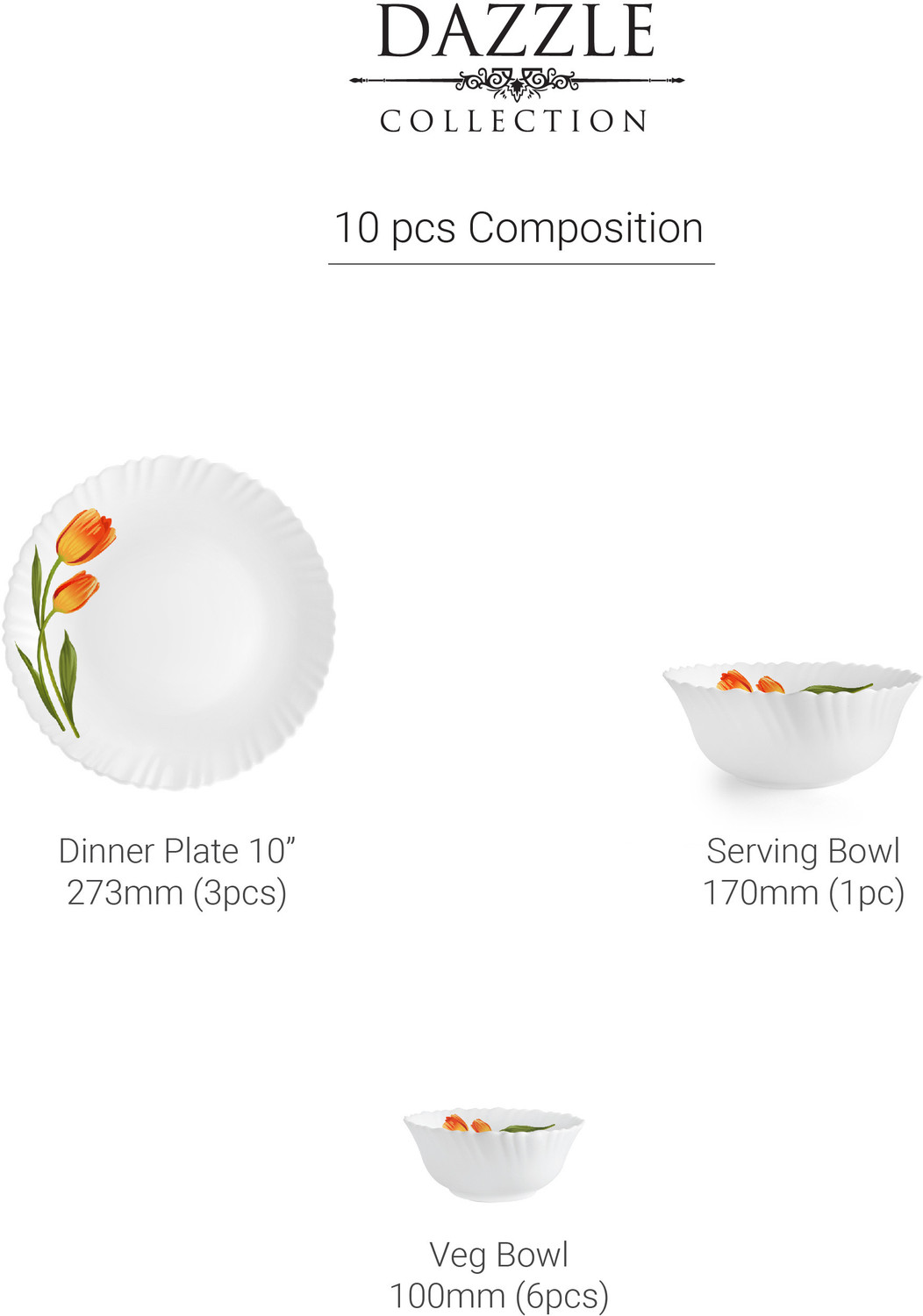 Image of cello Pack of 10 Opalware Dazzle Series Spring Tulip Crockery Set |Dishwasher Safe |Light-Weight Dinner Set (Yellow, Microwave Safe)