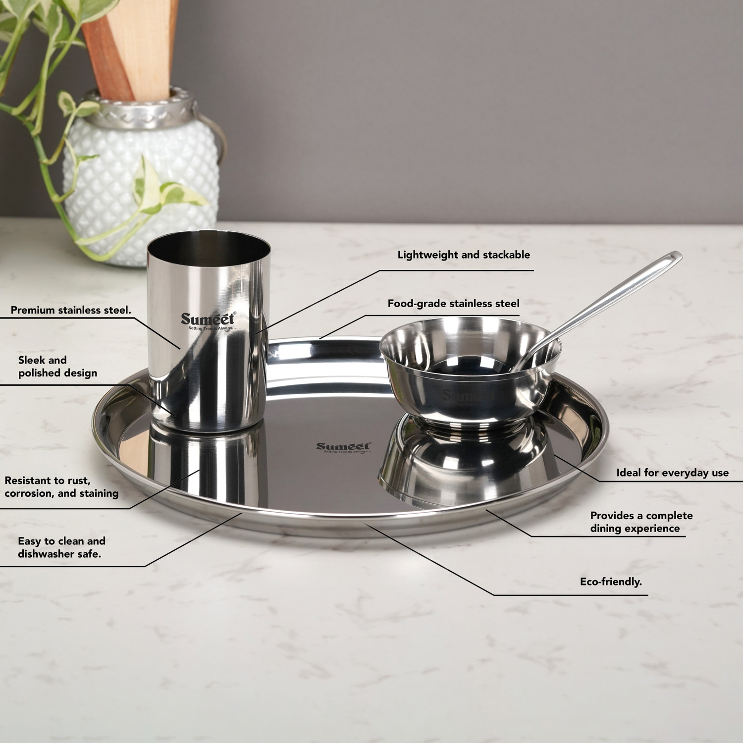 Image of Sumeet Pack of 8 Stainless Steel Stainless Steel Heavy Gauge Mirror Finish Dinner set of 8 Pcs Dinner Set
